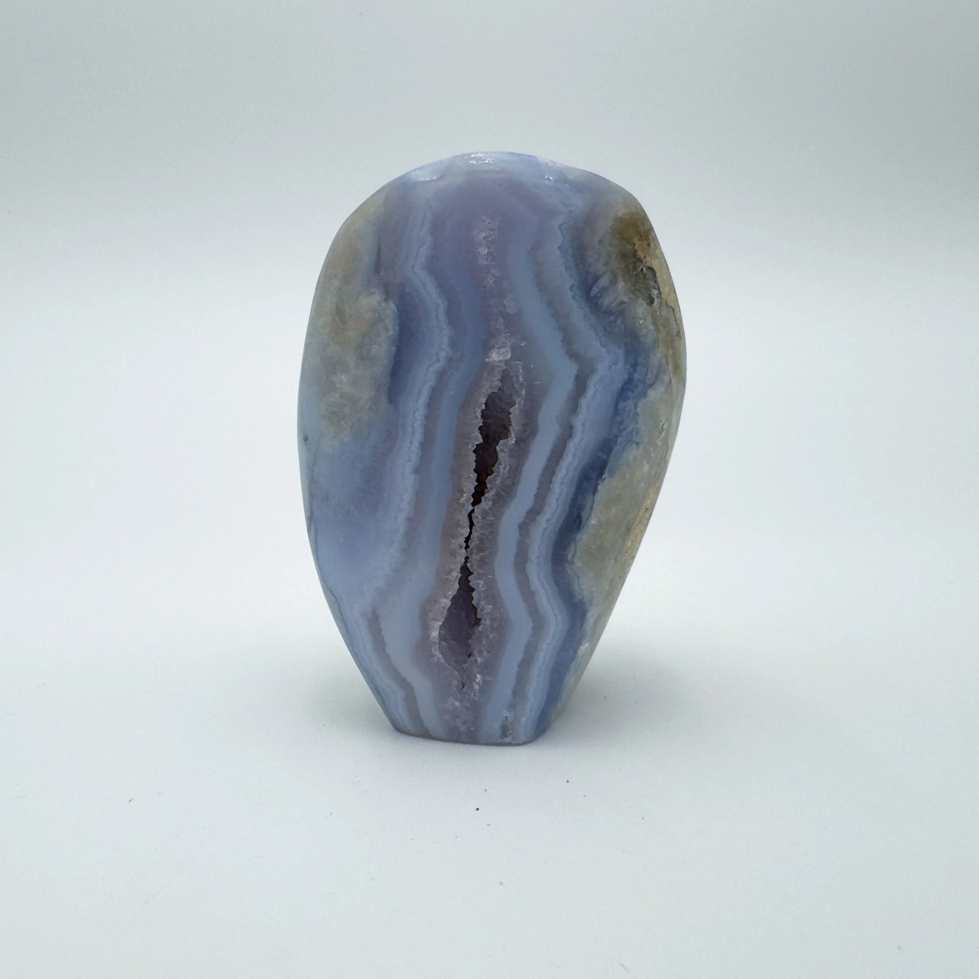 Natural surface of Blue Lace Agate raw geode, showing natural color depth.