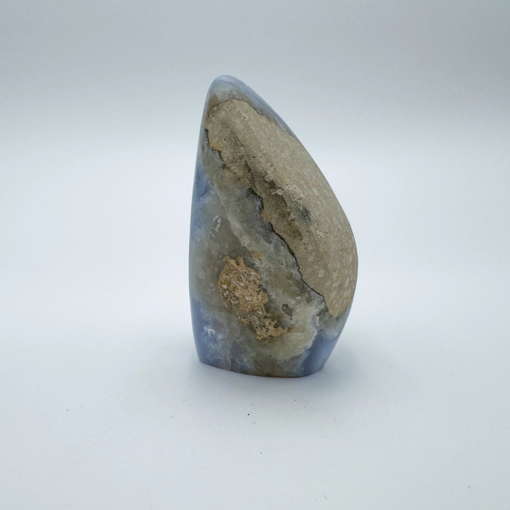 Daylight view of a Blue Lace Agate raw geode, sourced from Malawi.