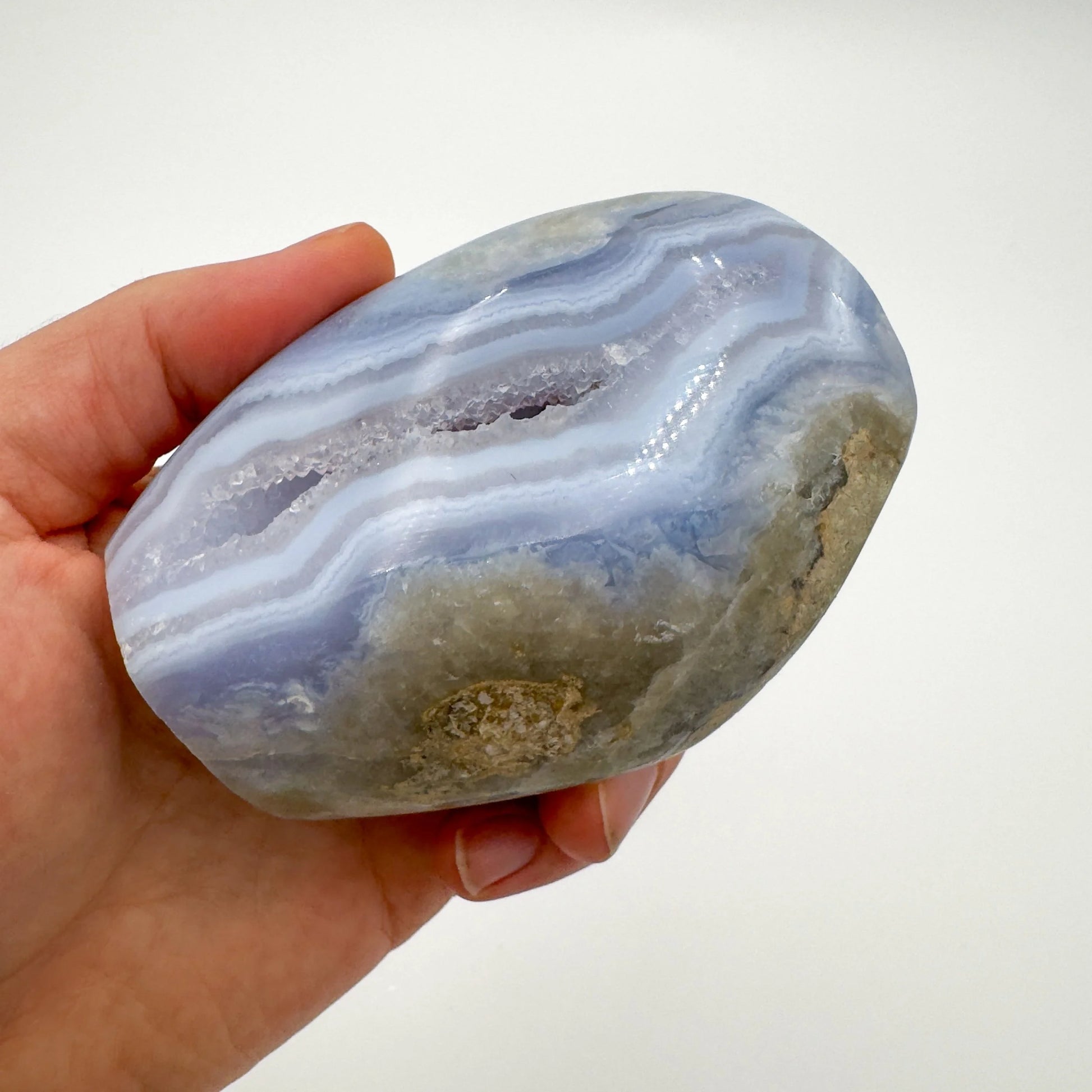 Full profile of Grade AA Blue Lace Agate geode ready to ship from Beyond Bohemian