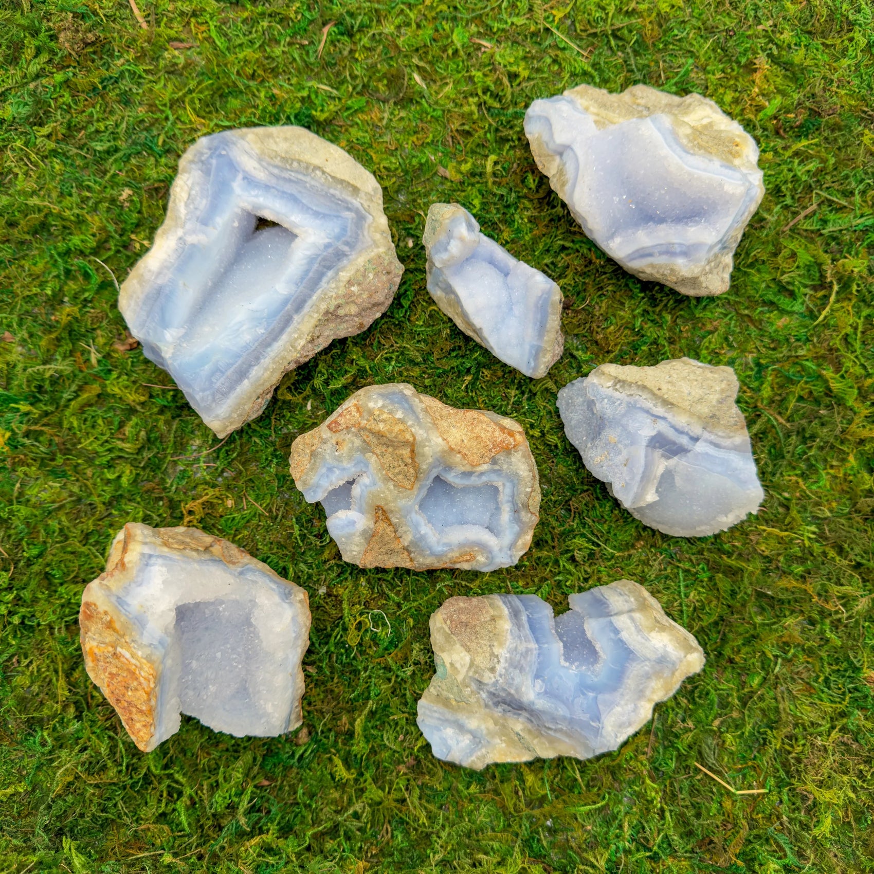 Full profile of Grade AA Blue Lace Agate geode ready to ship from Beyond Bohemian