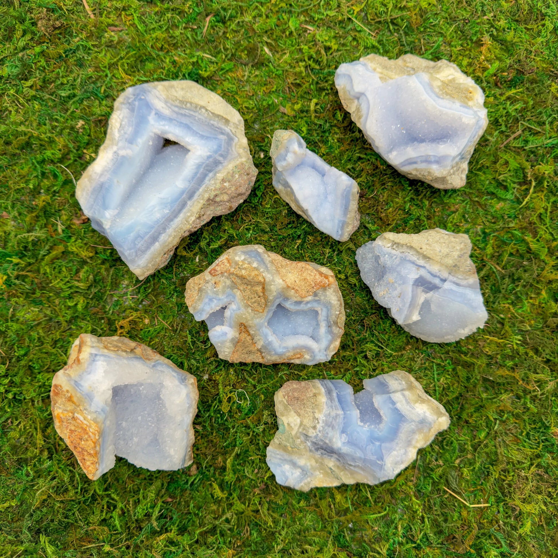 Full profile of Grade AA Blue Lace Agate geode ready to ship from Beyond Bohemian