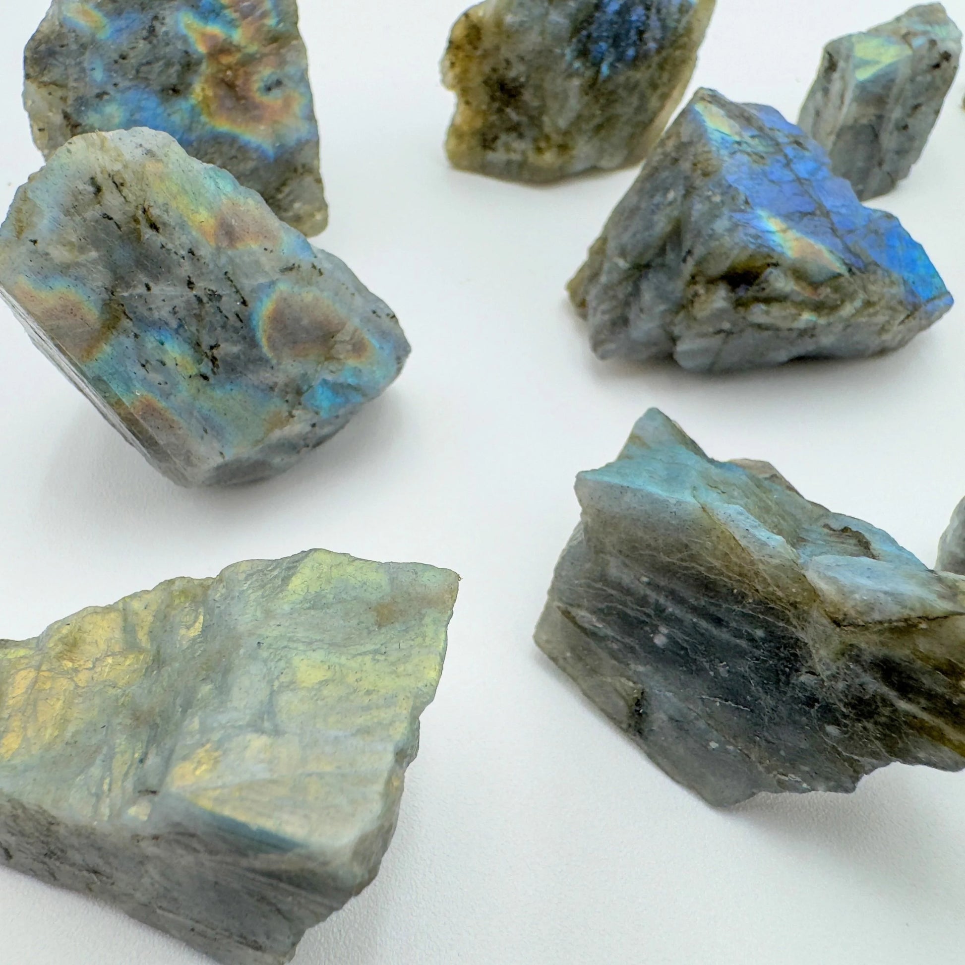 Bottom side of Labradorite raw stone, from Atsimo-Andrefana, Madagascar, associated with Intuition.