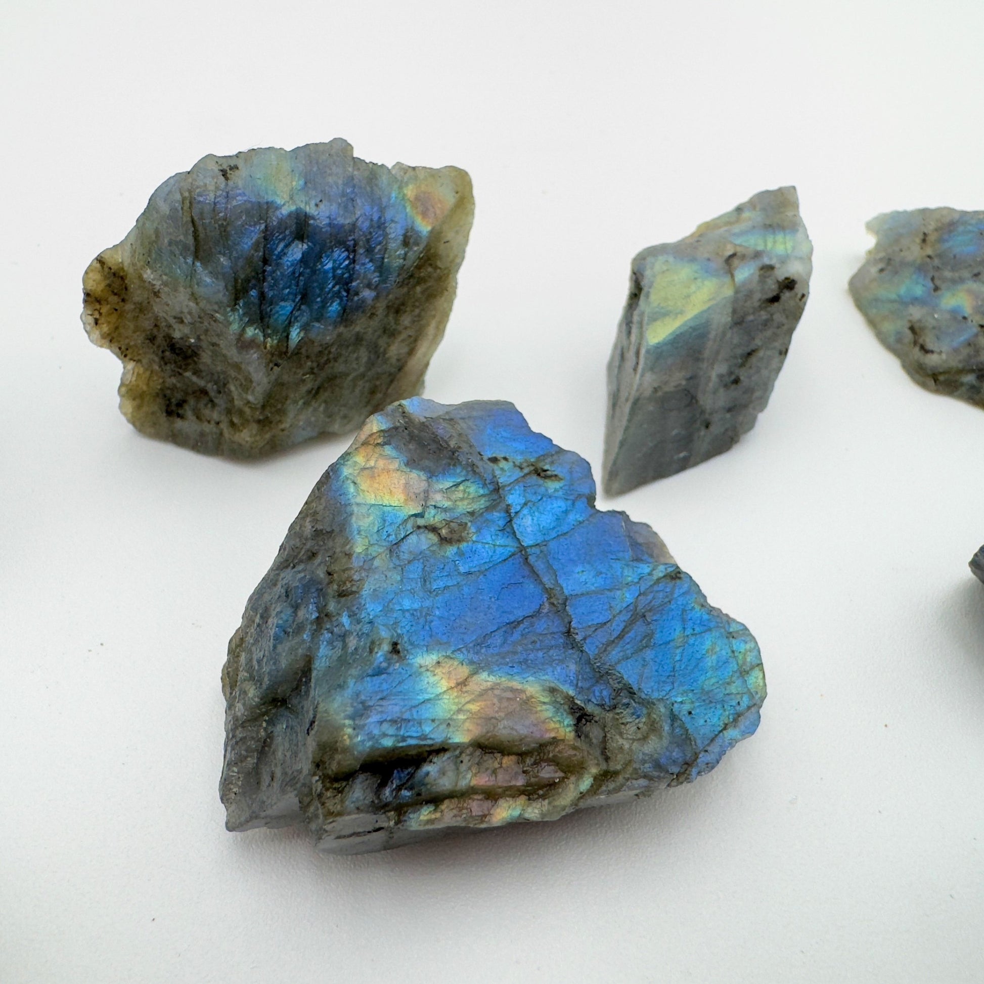 Close detail of Labradorite raw stone, kept close for Intuition, Madagascar-sourced.