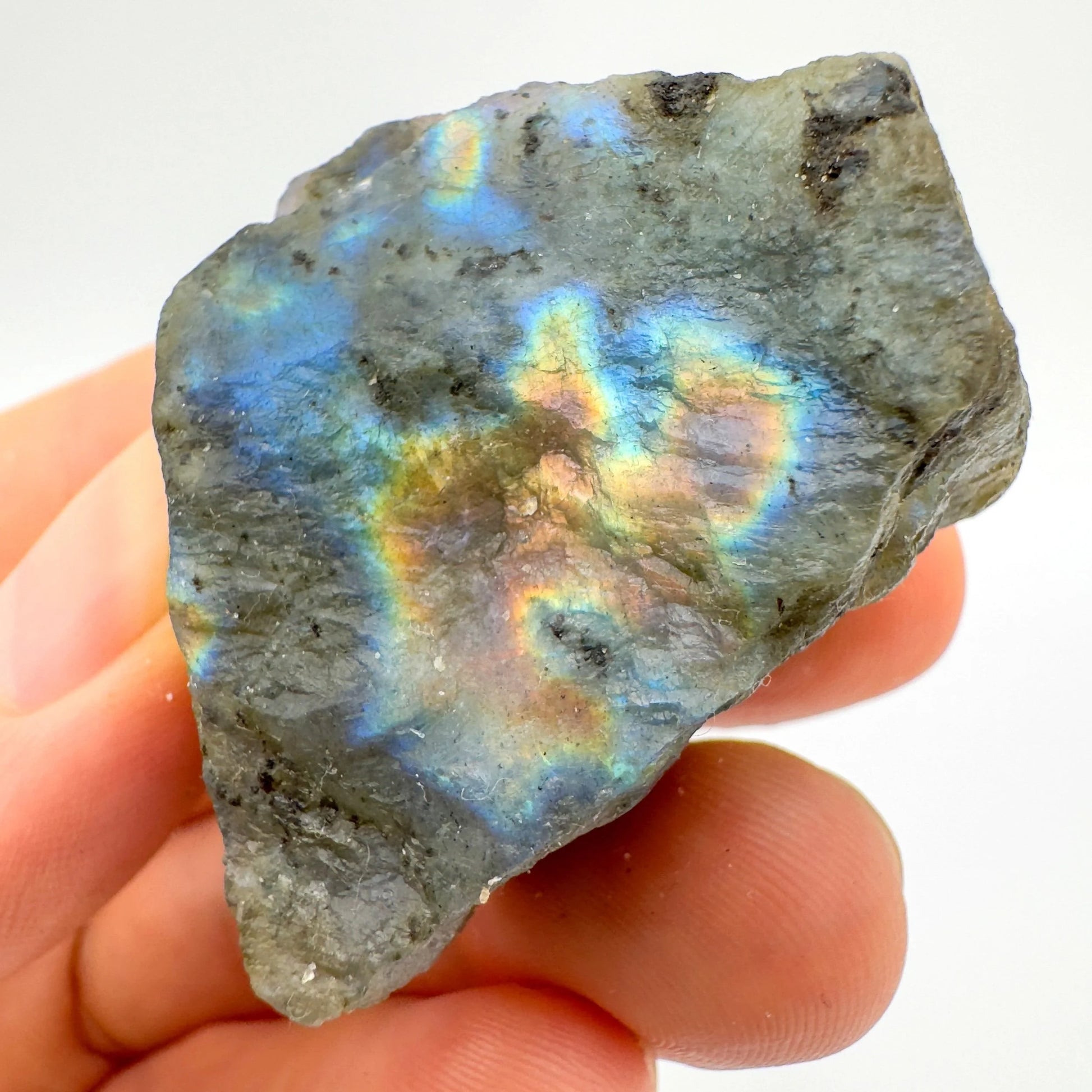 Tabletop view of Labradorite raw crystal, from Atsimo-Andrefana, Madagascar, with hand-sized presence.
