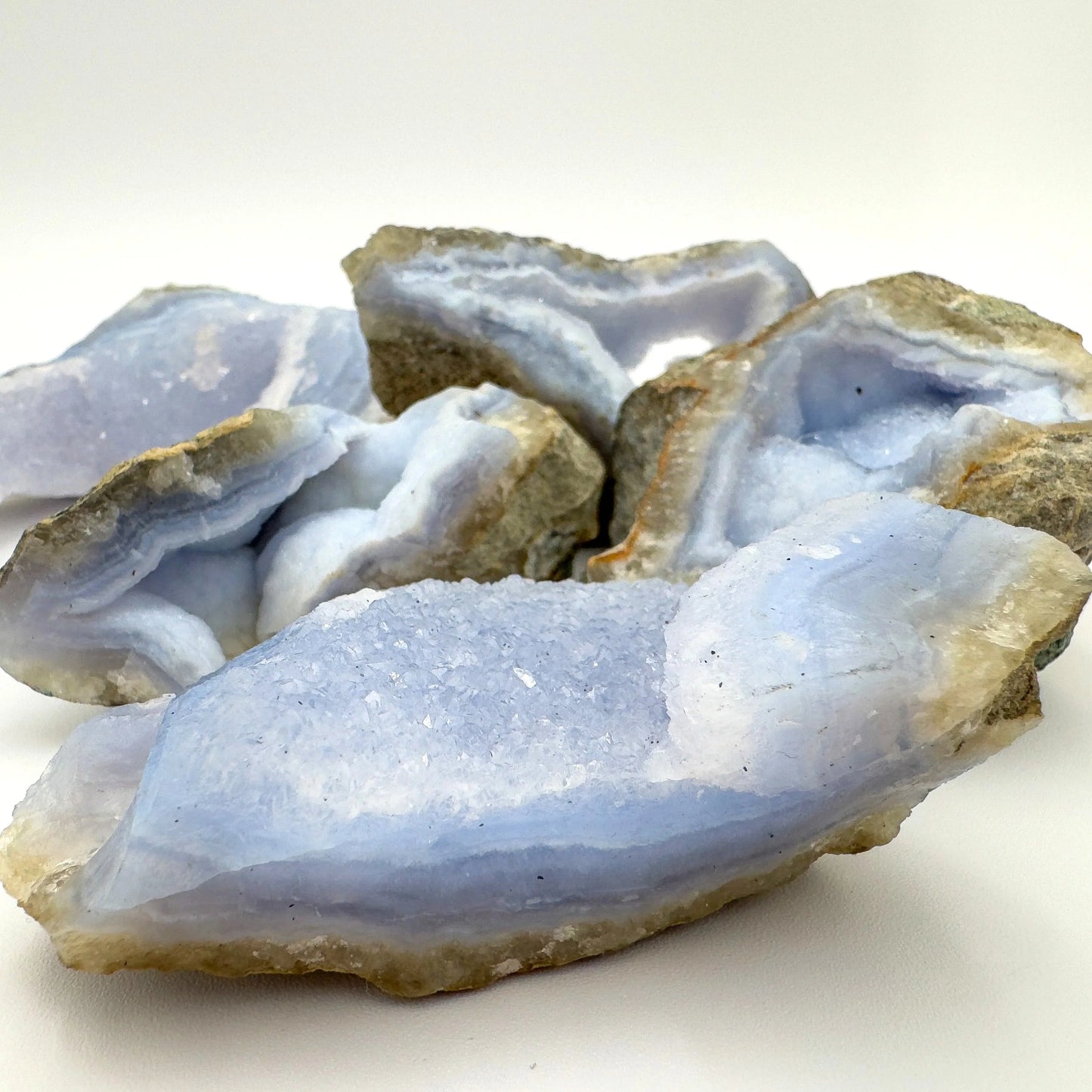 Side perspective of Grade AA Blue Lace Agate raw geode, sourced from Nsipe, Malawi.