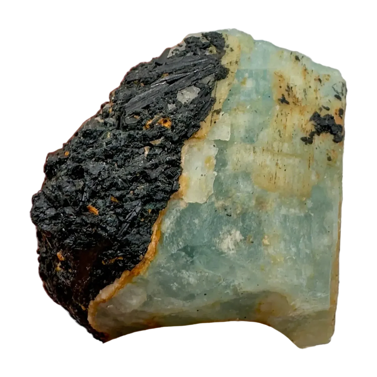 Aquamarine raw crystal with black tourmaline, A grade, Namibia origin, close view of the black tourmaline side