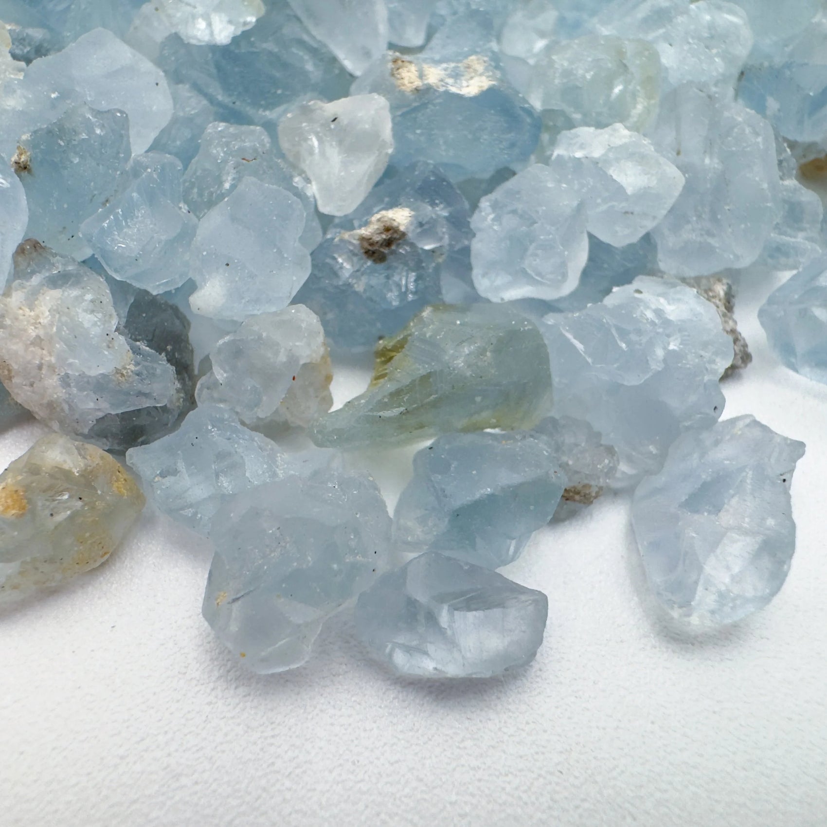 Lateral view of Celestite raw stone, carried for Stress Relief, showing characteristic patterning.