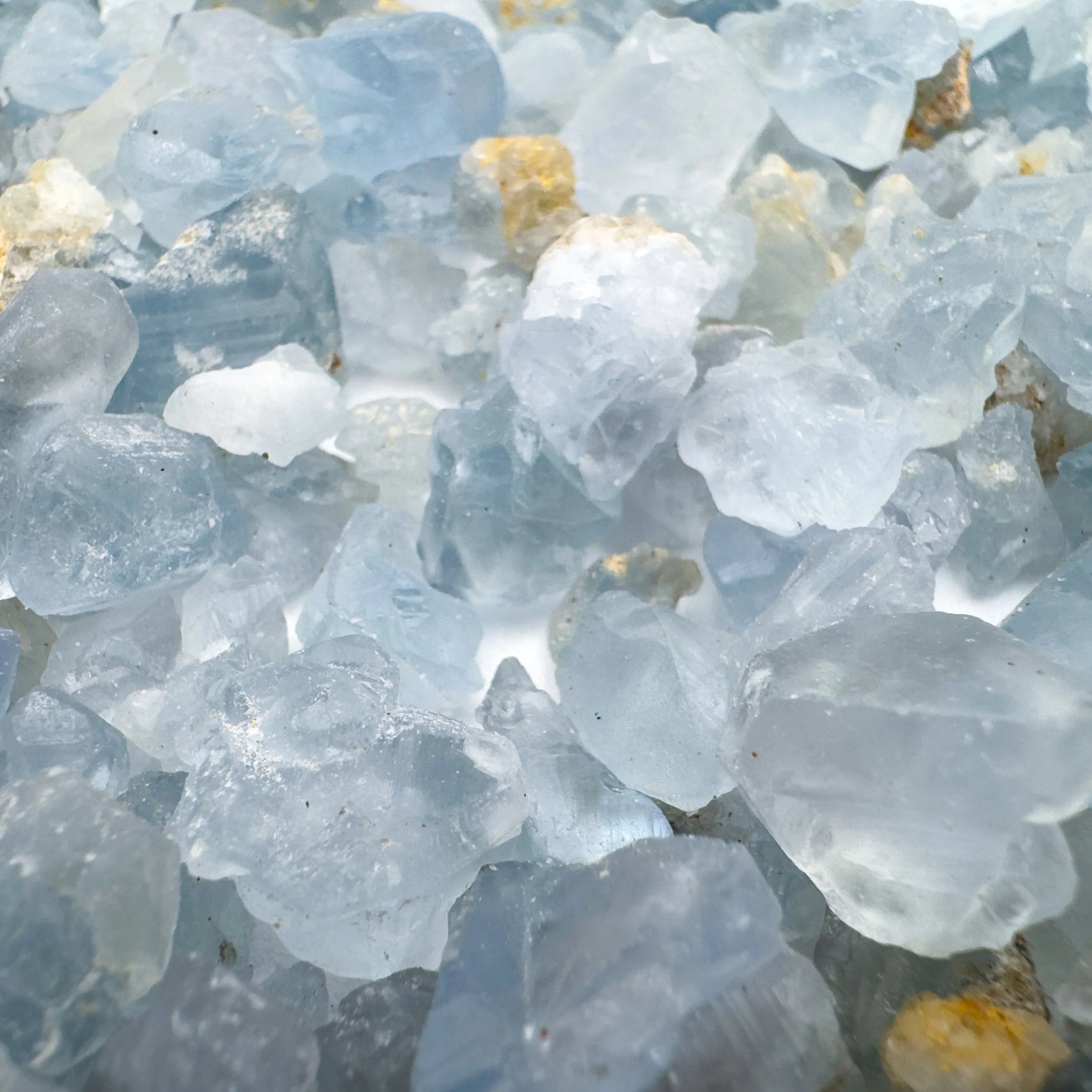 Top angle of Celestite raw stone, hand-selected from Sakoany, Madagascar, showing natural sheen.