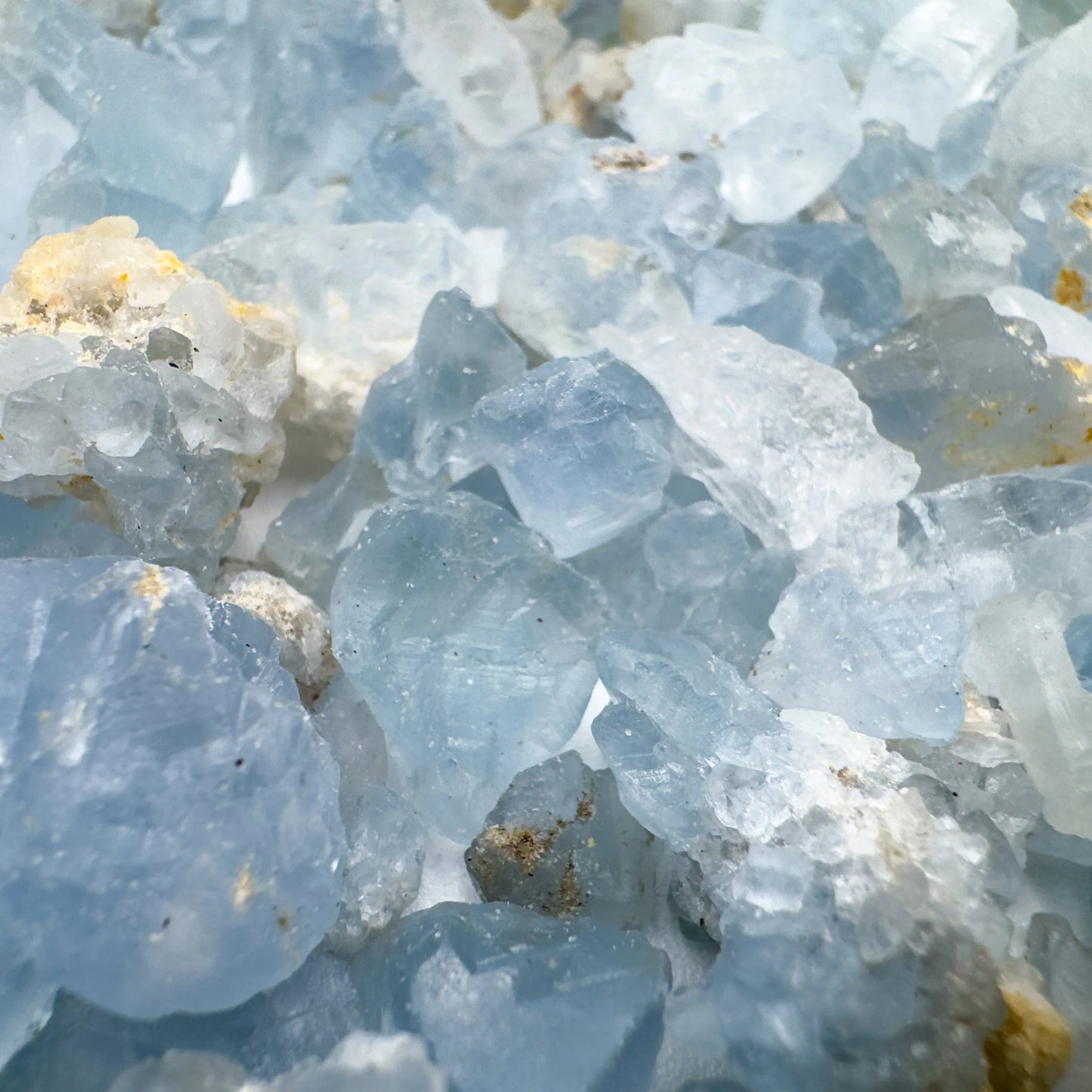Back view of Celestite raw stone, showing untreated character, often kept for Stress Relief.