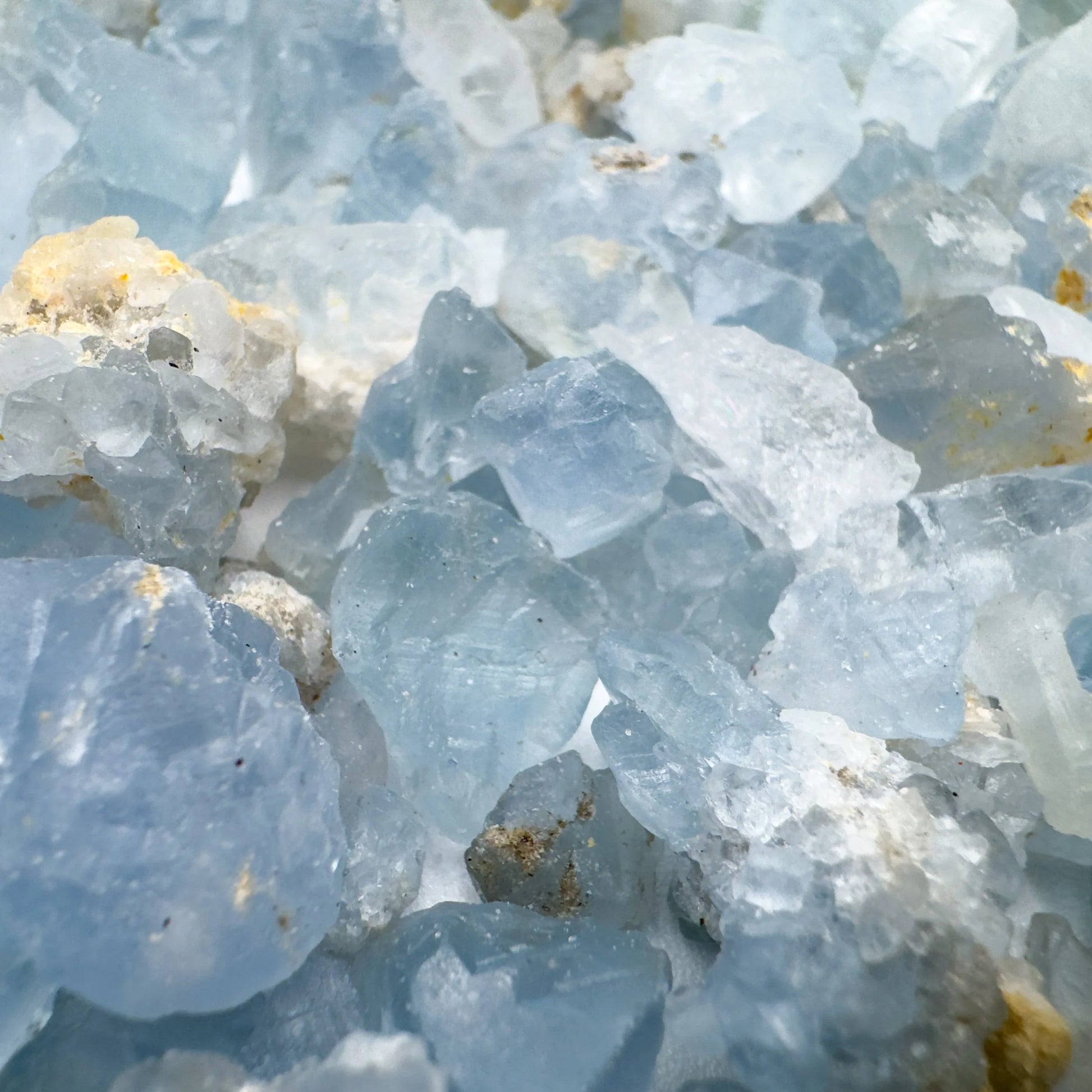 Back view of Celestite raw stone, showing untreated character, often kept for Stress Relief.