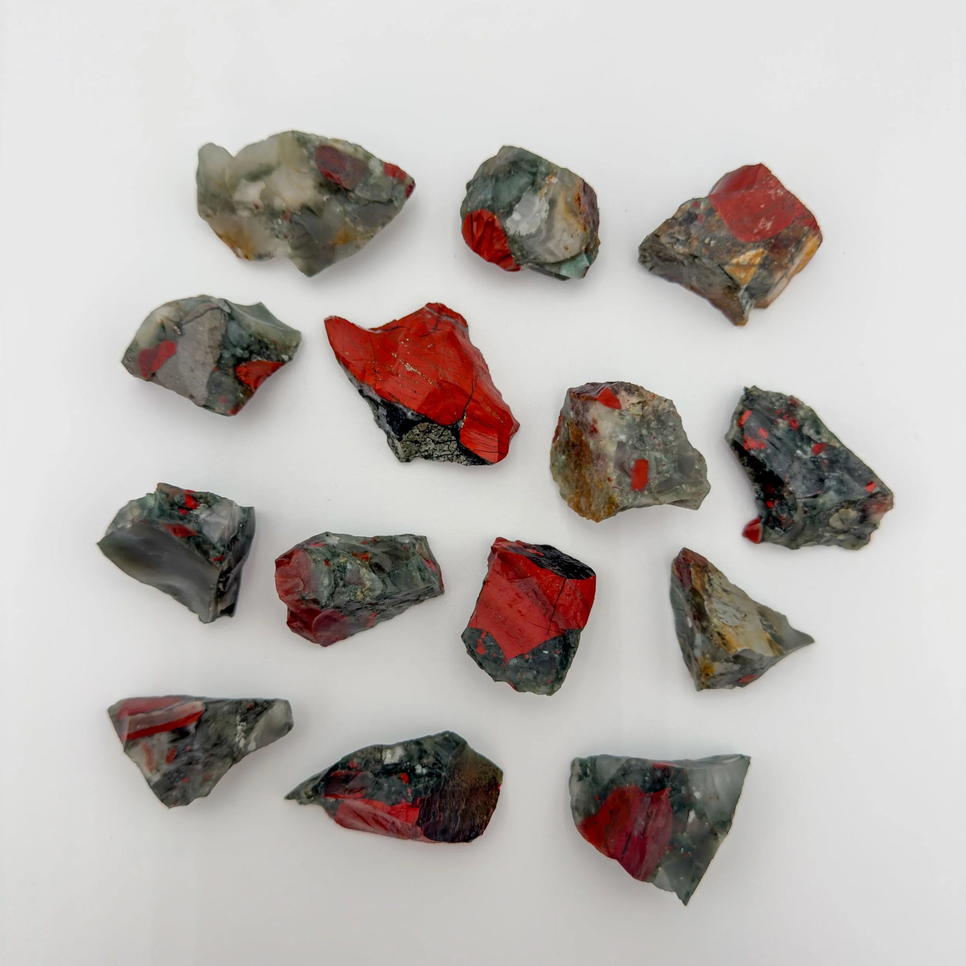 Edge-on view of Bloodstone raw stone, showing open form, sourced from Hhohho, Eswatini.