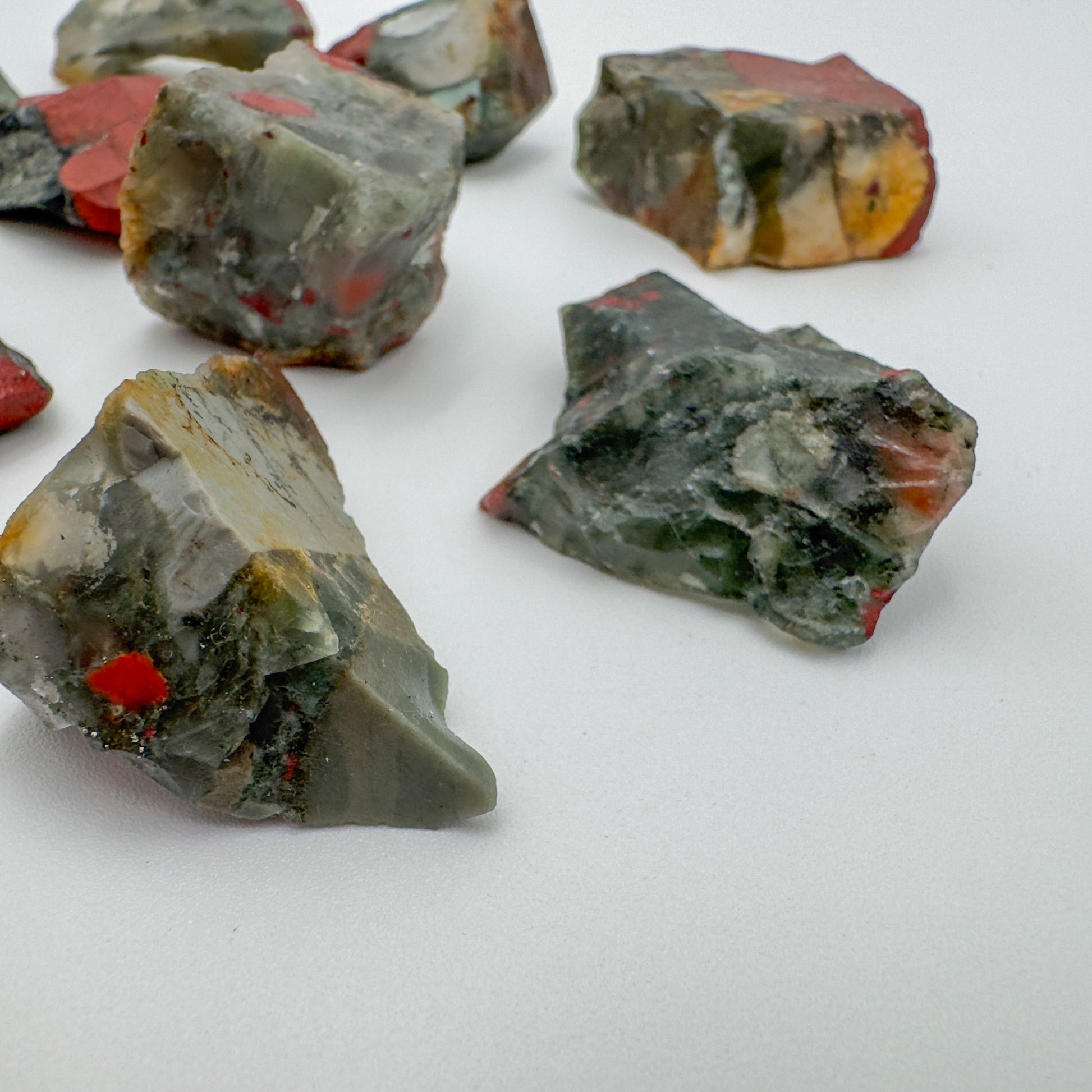 Underside view of Bloodstone raw stone, to support Energy, hand-selected from Hhohho, Eswatini.