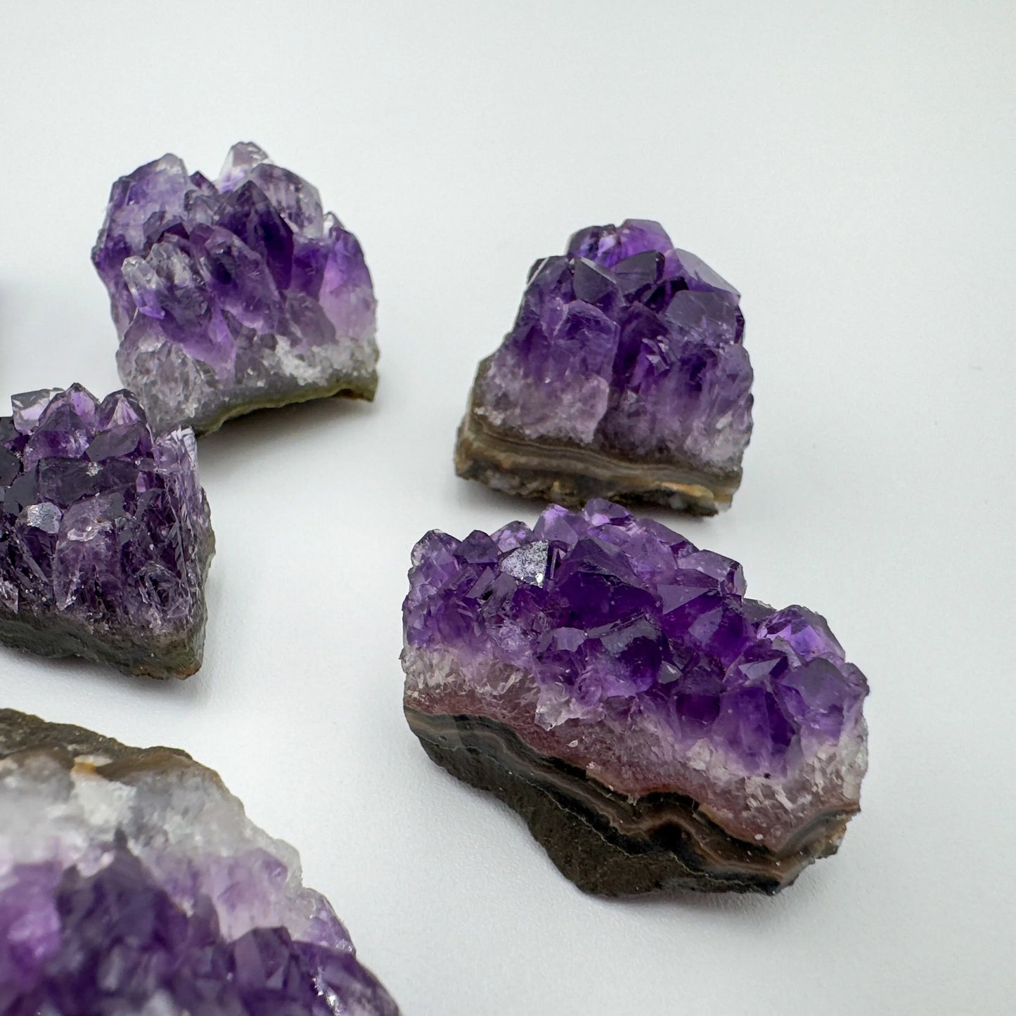 Daylight view of a Amethyst specimen held against natural backdrop.