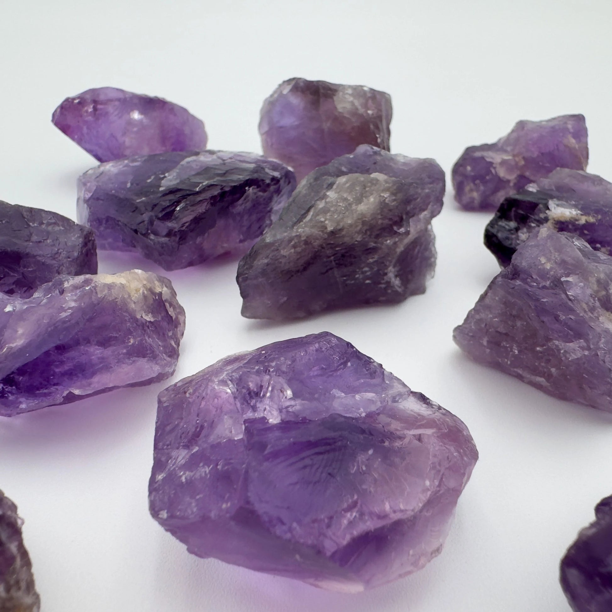 Overhead angle of Amethyst raw stone, showing natural form, from Brazil.