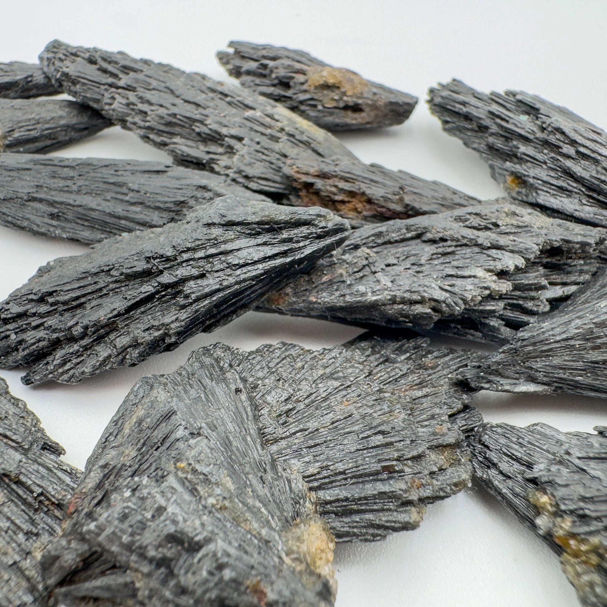 Grade a black kyanite raw held in hand for size reference
