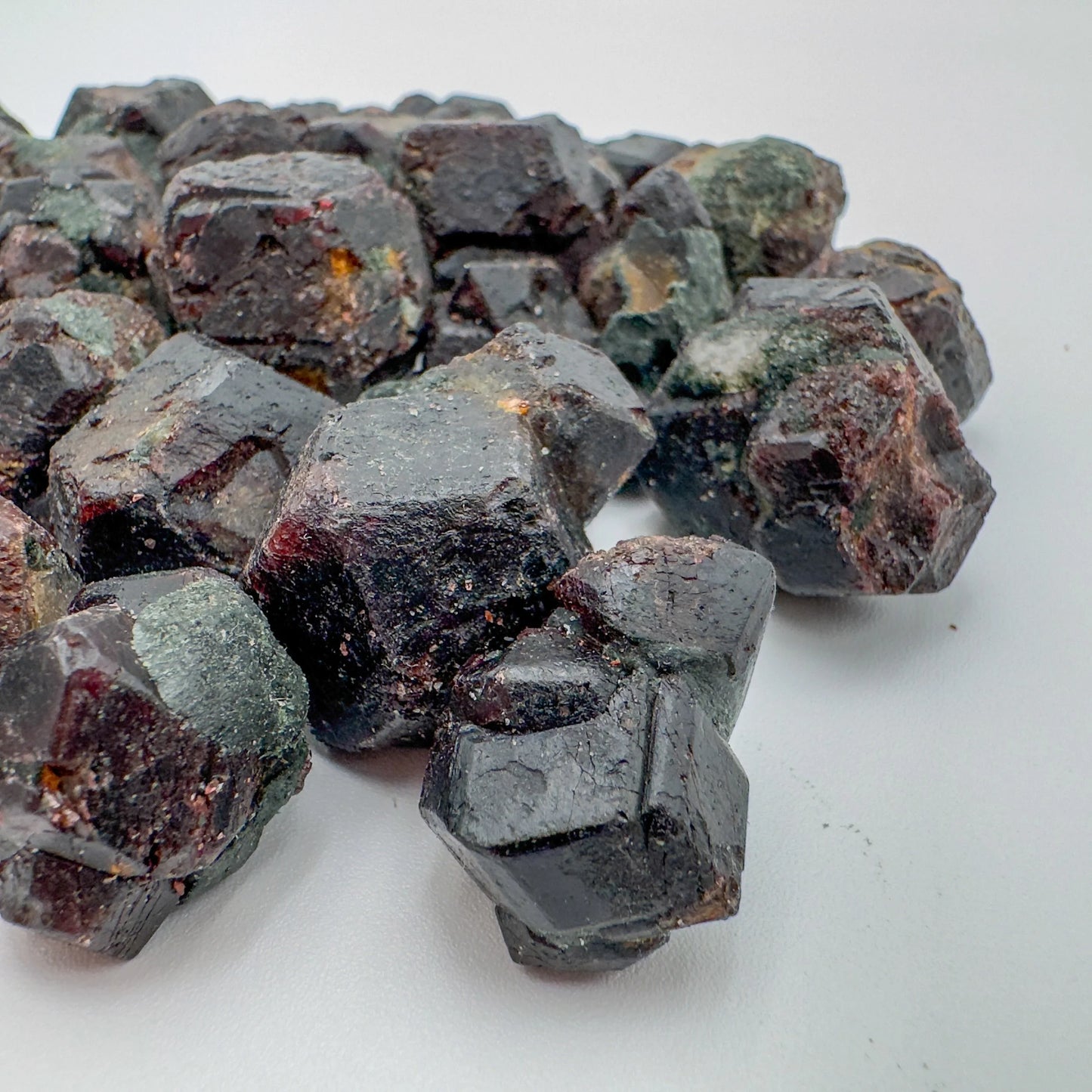 Bird's-eye view of Grade AA Fuchsite raw stone, kept near for Healing and Self Love, sourced from Zimbabwe.