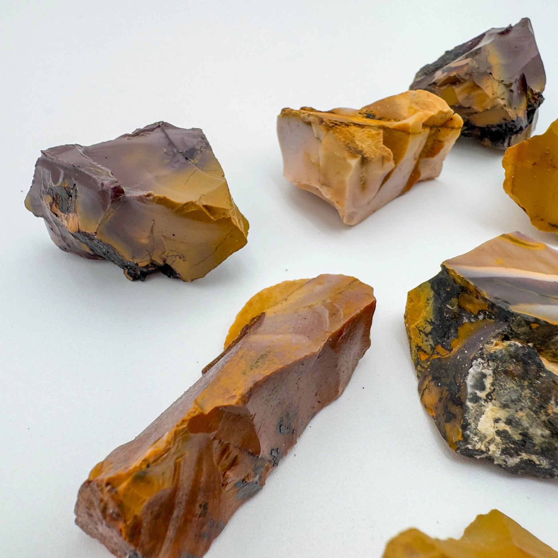 Underside detail of Mookaite raw stone, sourced from Western Australia, Australia, showing characteristic patterning.