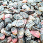 Edge view of Rhodonite polished chip, showing characteristic finish.