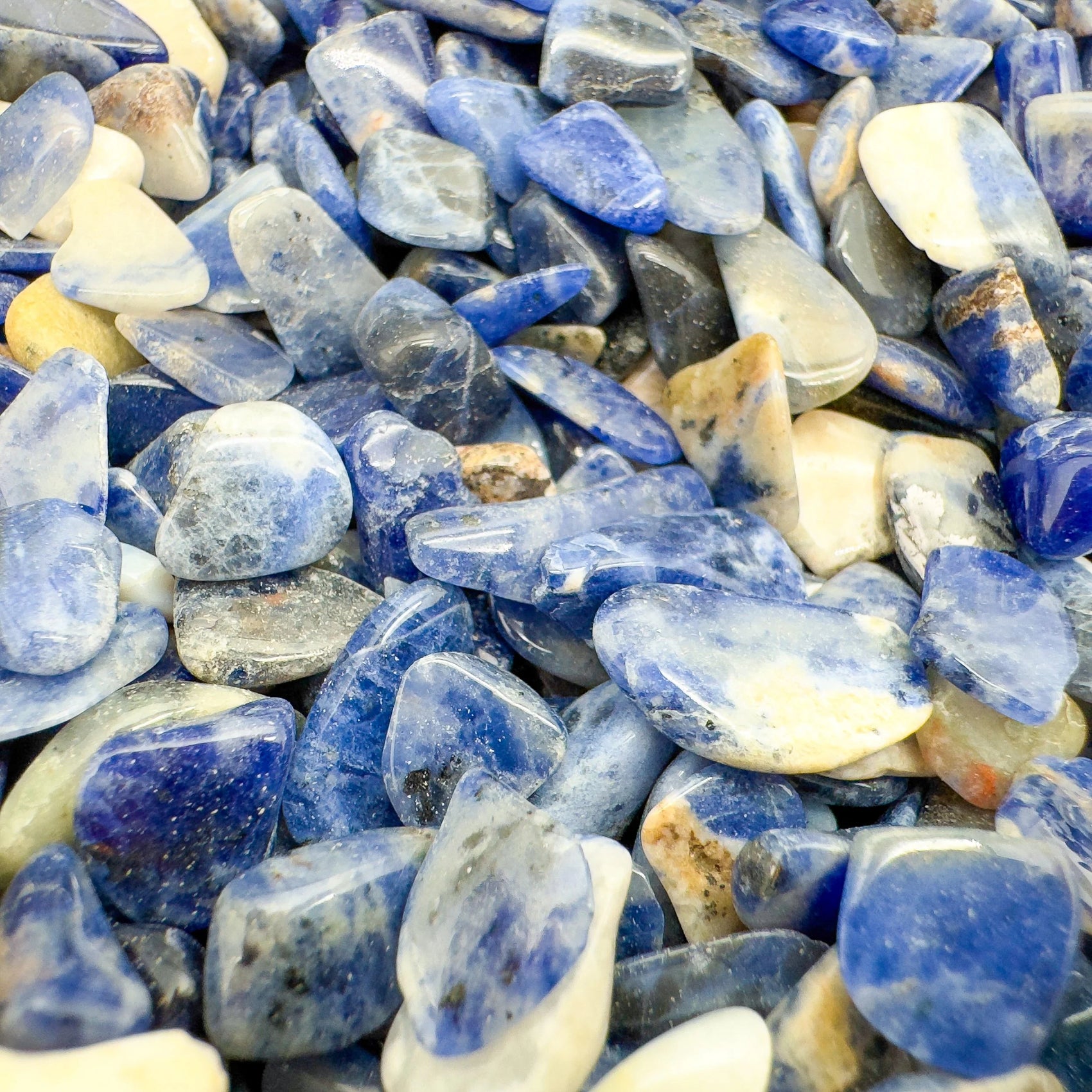 Top view of Grade A Sodalite crystal chips, sourced from Kunene, Namibia