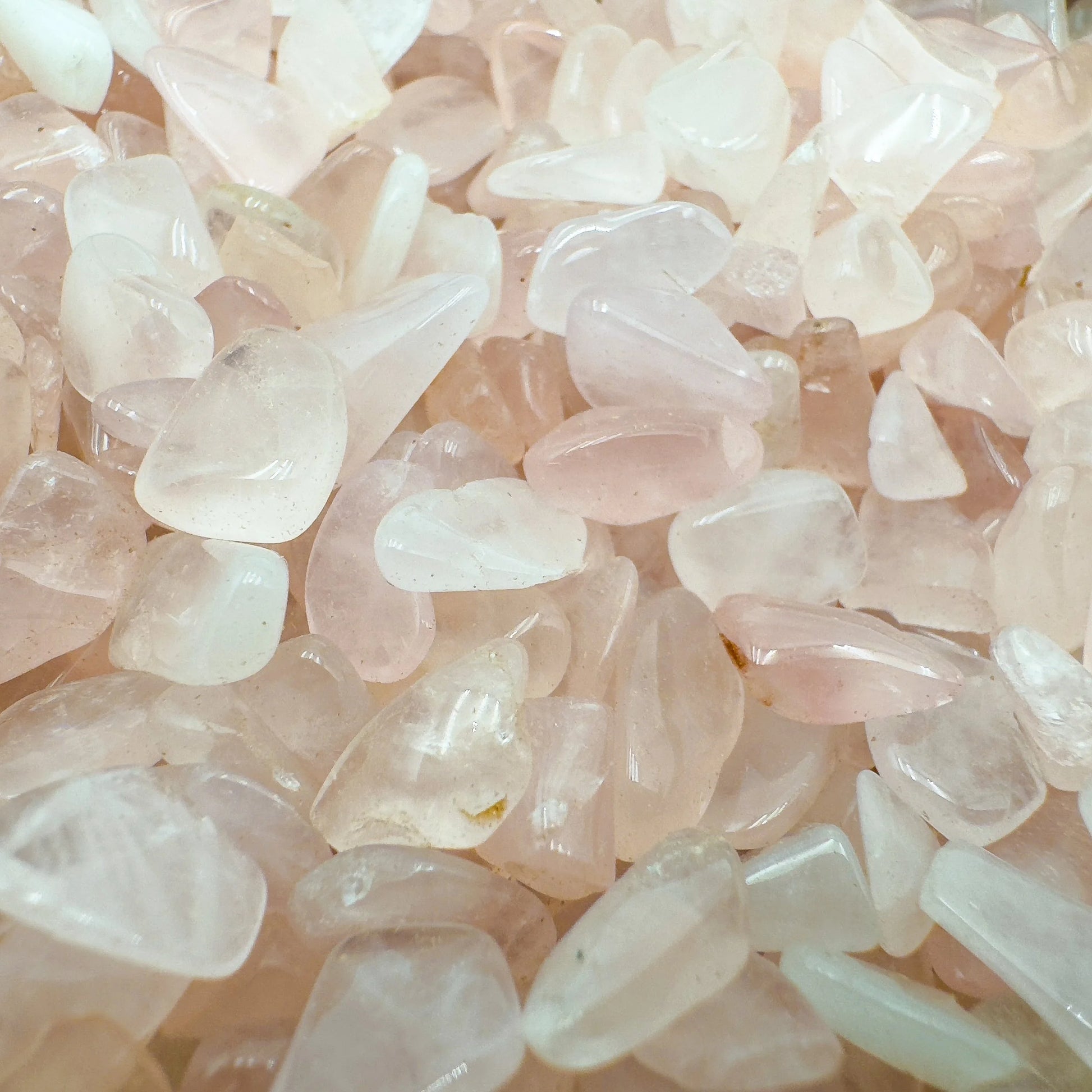 Lateral view of Rose Quartz polished chip, South Africa-sourced, showing subtle veining.