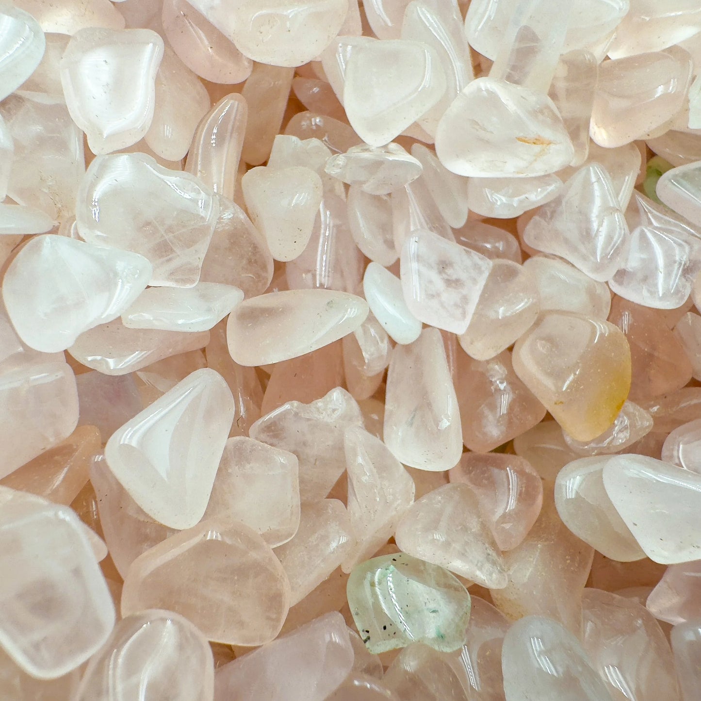 Top-down shot of Rose Quartz polished chip, showing soft luster.