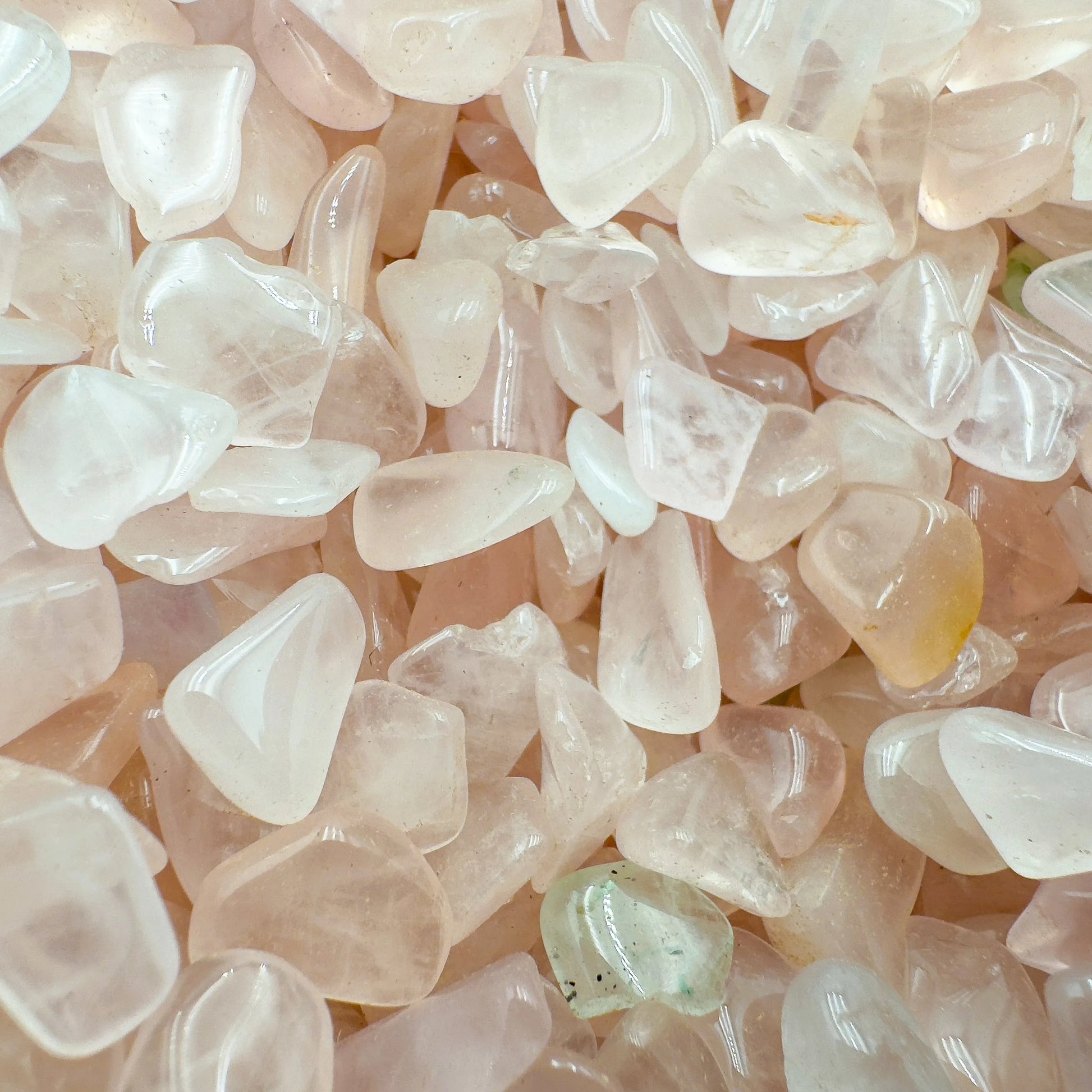 Top-down shot of Rose Quartz polished chip, showing soft luster.