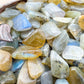 Overhead angle of gray Labradorite polished chip, often paired with practices around Intuition and Protection.
