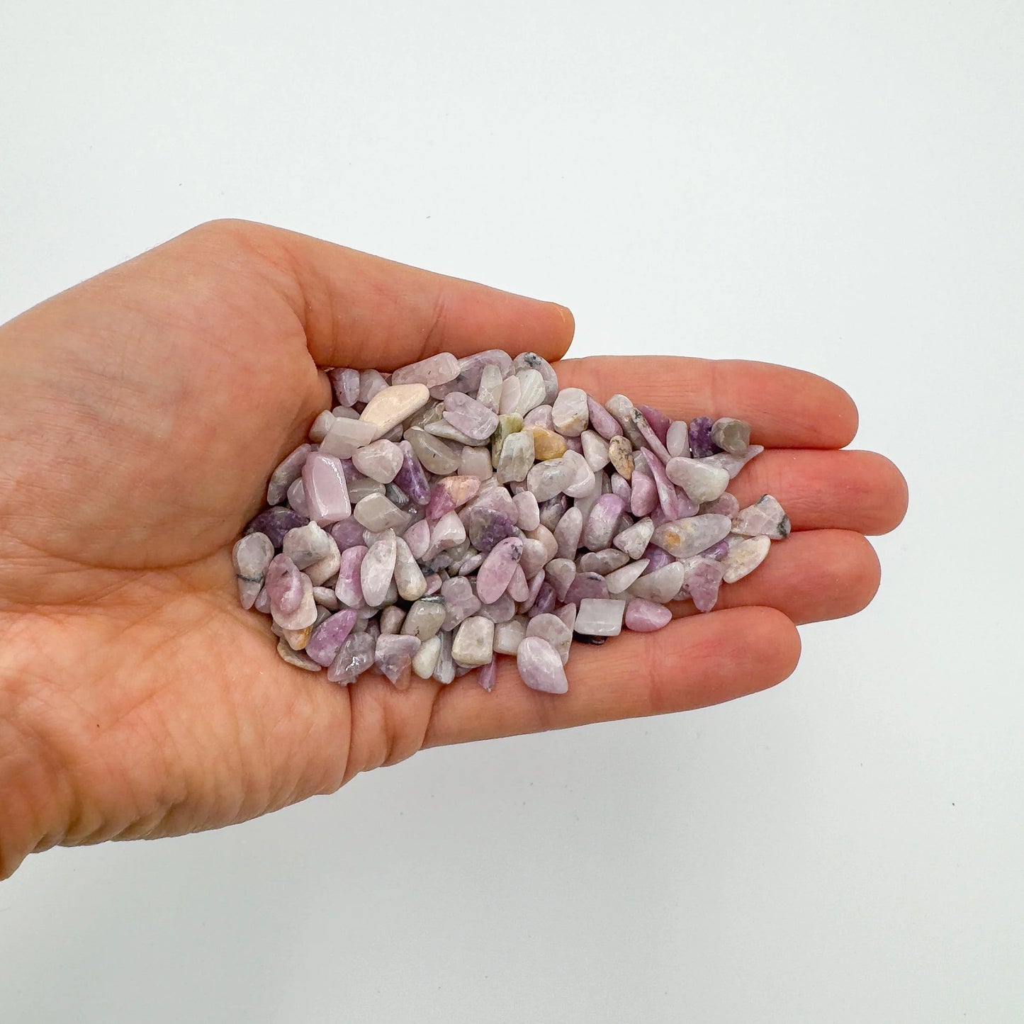 Back view of Lepidolite polished chip, sourced from Namibia, showing natural variation.