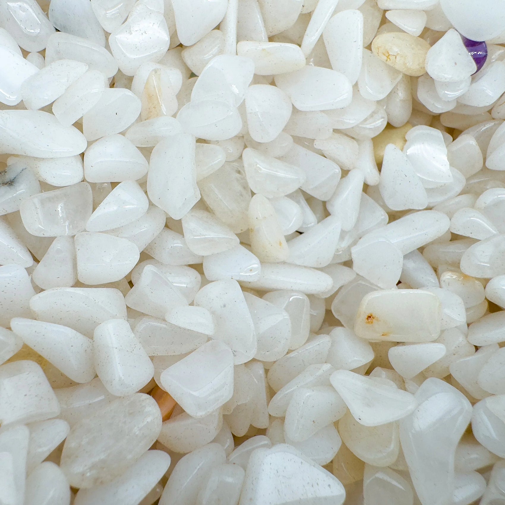 Top view of Grade A Snow Quartz crystal chips, sourced from Zambezia Province, Mozambique