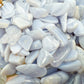 Color detail of Grade A Blue Lace Agate polished chip, turned to for Stress Relief and Emotional Healing.