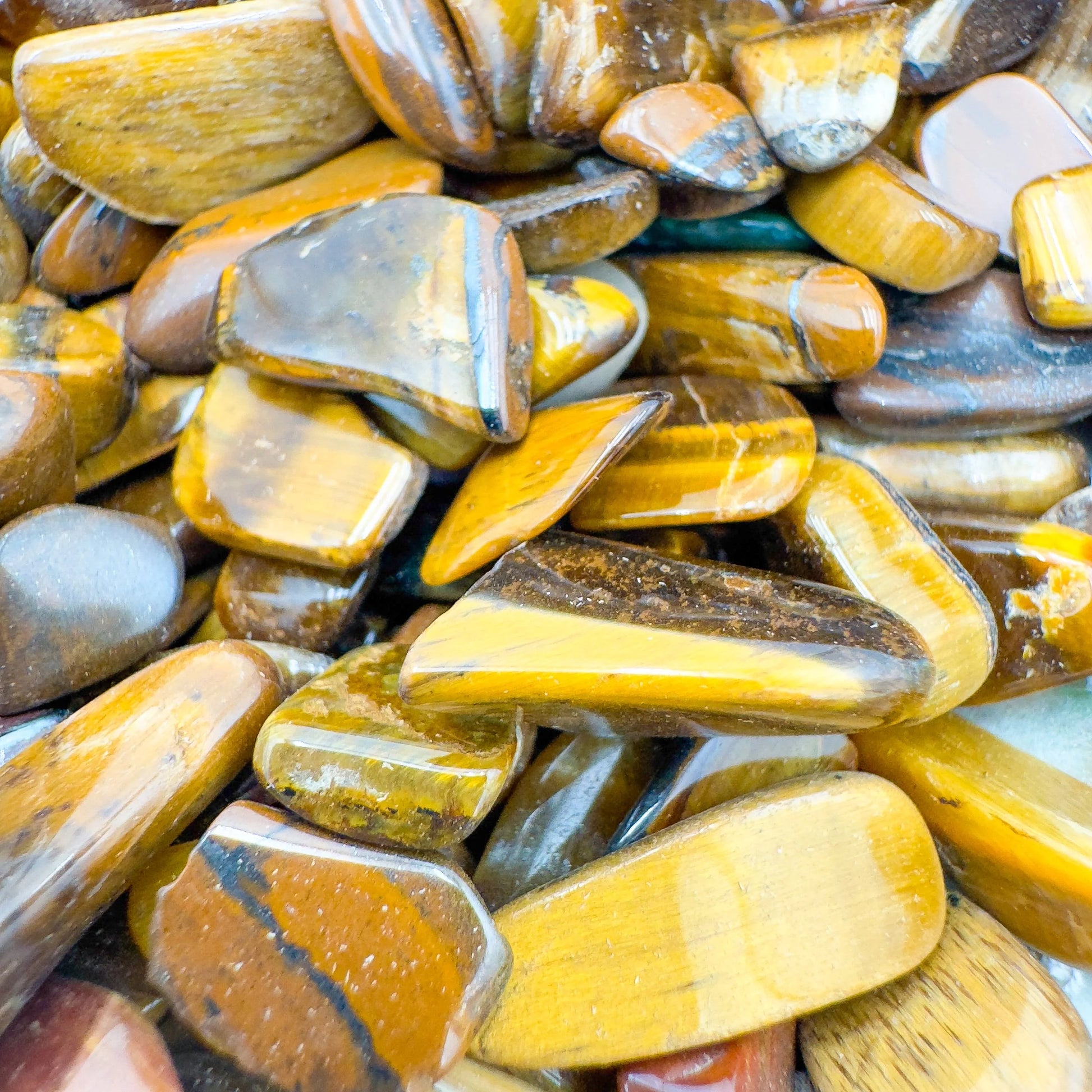 Lateral view of brown Tiger Eye polished chip, sourced from Northern Cape, South Africa.