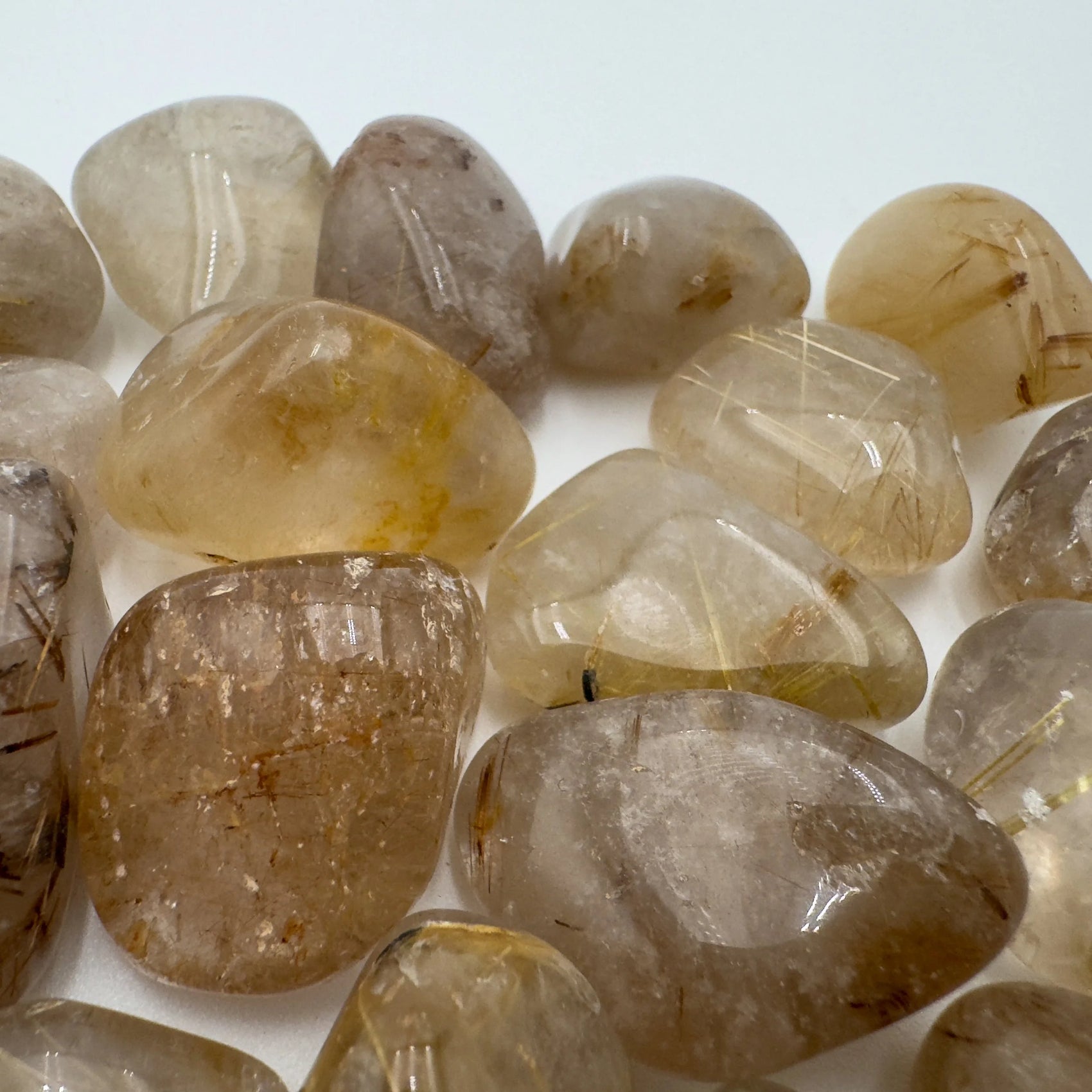 Plan view of Quartz tumbled stone, showing color depth, hand-selected from Minas Gerais, Brazil.