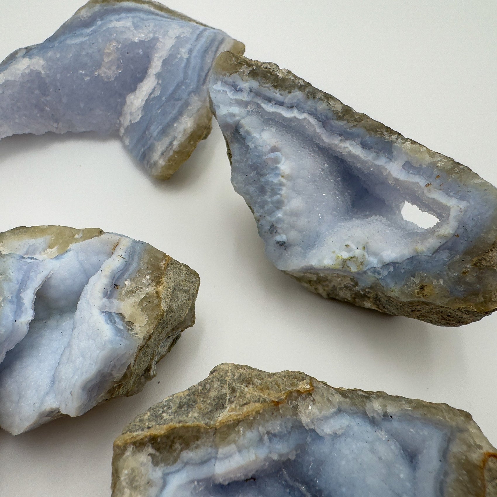 Reverse angle of Blue Lace Agate raw geode, showing natural color depth, sourced from Nsipe, Malawi.