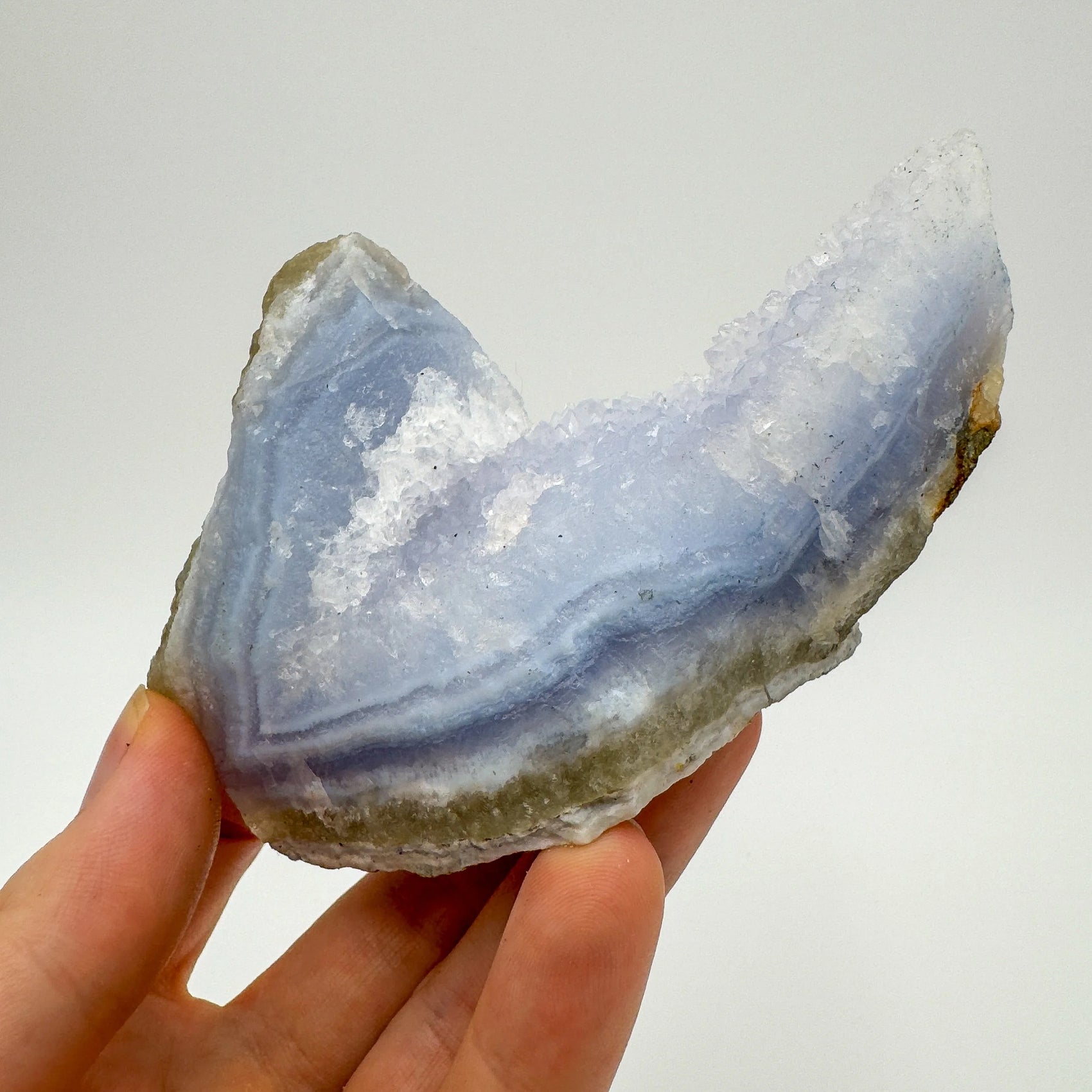 Full profile of Grade AA Blue Lace Agate geode ready to ship from Beyond Bohemian