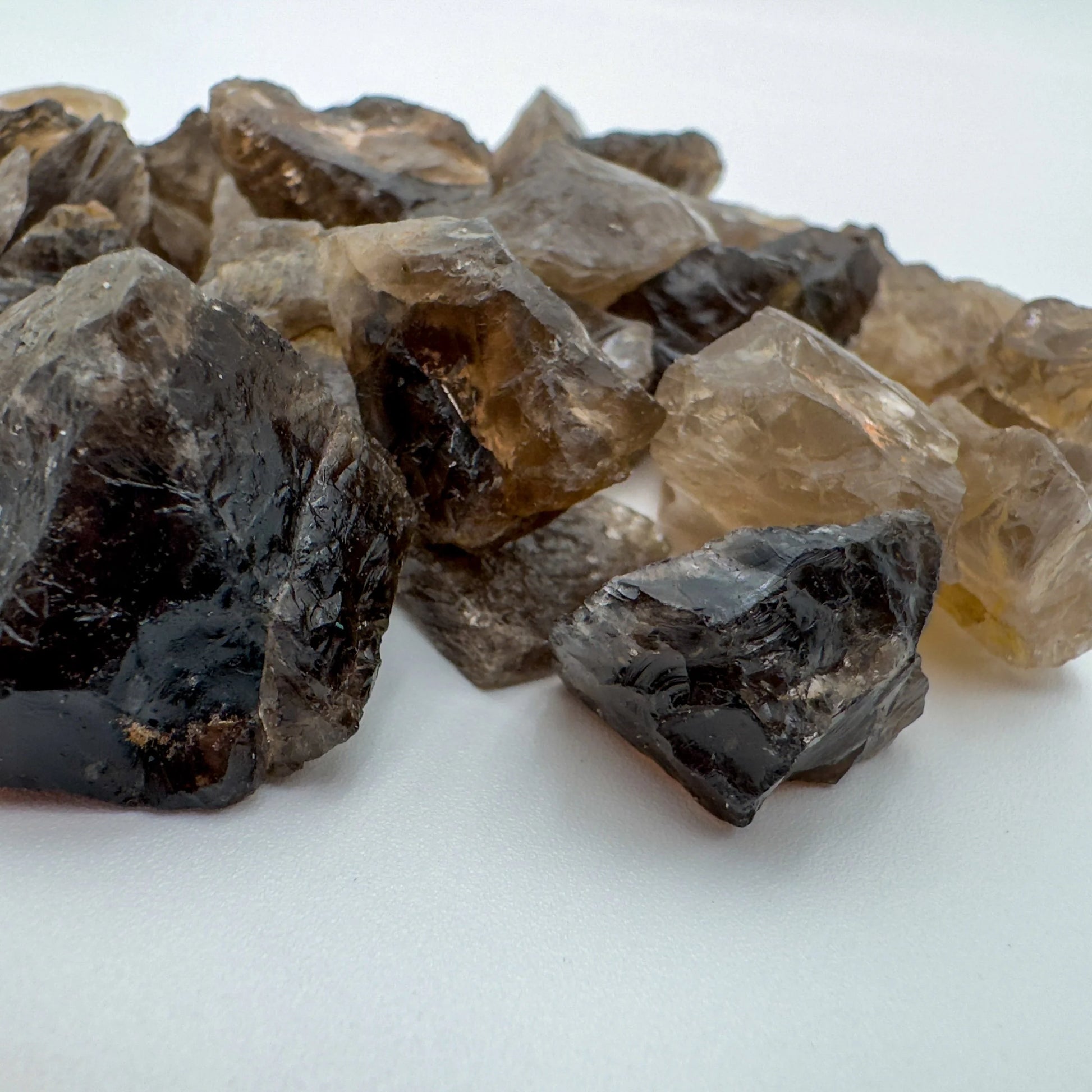 Top view of Grade AA Smoky Quartz raw, sourced from Alaotra-Mangoro, Madagascar