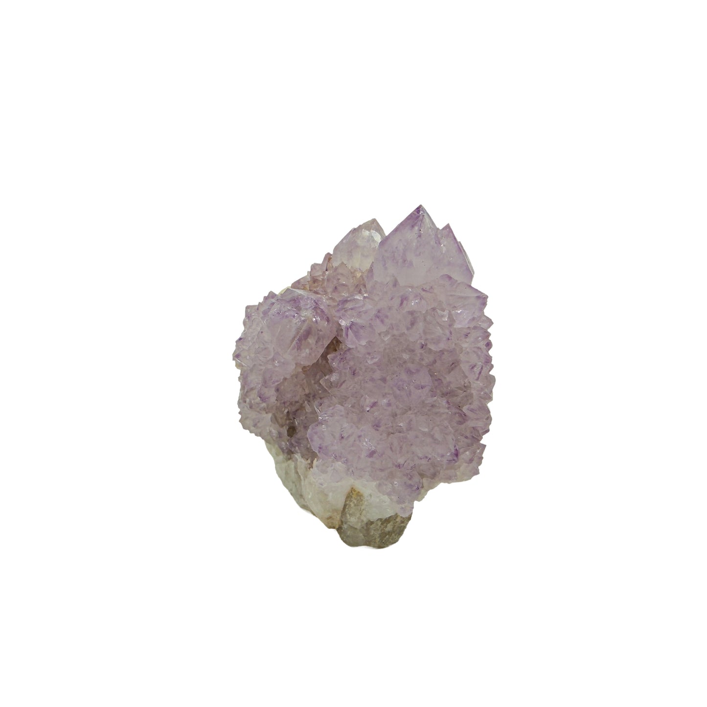 AA-grade cactus spirit quartz specimen from Mpumalanga South Africa, angled three-quarter view showing depth of the crystal coating, 2.37 in L x 1.76 in W x 2.12 in H, 0.32 pounds, specimen 10.