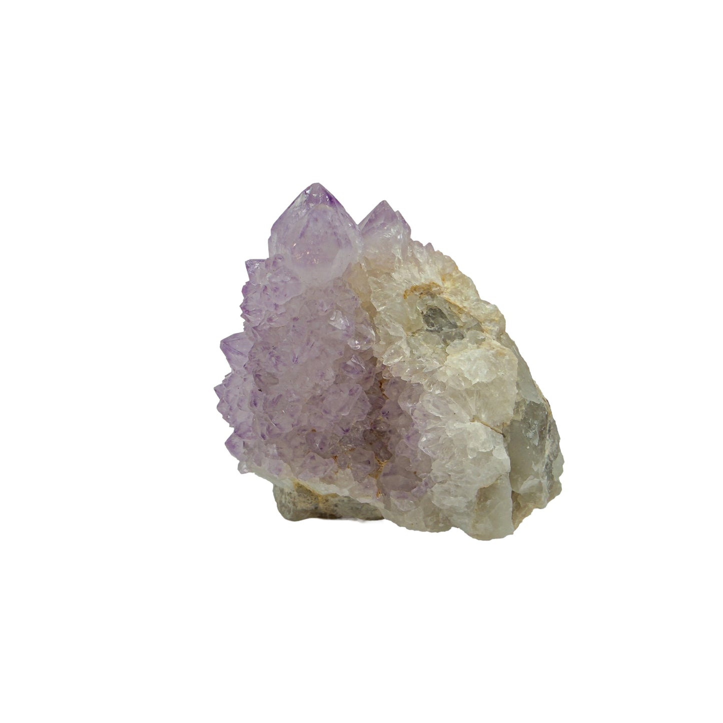 AA-grade cactus spirit quartz specimen from Mpumalanga South Africa, left profile, individual spirit quartz points catching the light, 2.37 in L x 1.76 in W x 2.12 in H, 0.32 pounds, specimen 10.