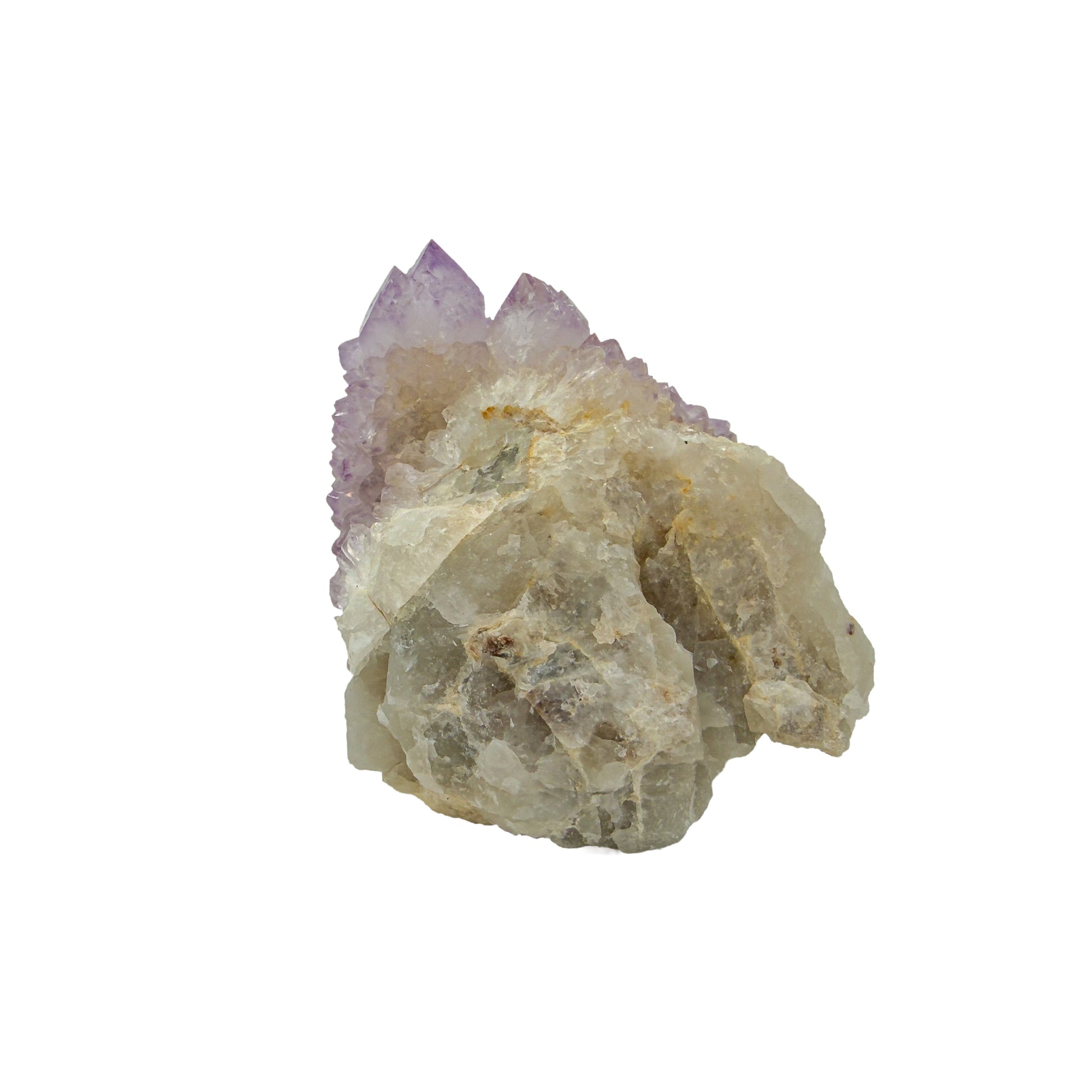 AA-grade cactus spirit quartz specimen from Mpumalanga South Africa, right profile, lavender and clear terminations across the body, 2.37 in L x 1.76 in W x 2.12 in H, 0.32 pounds, specimen 10.
