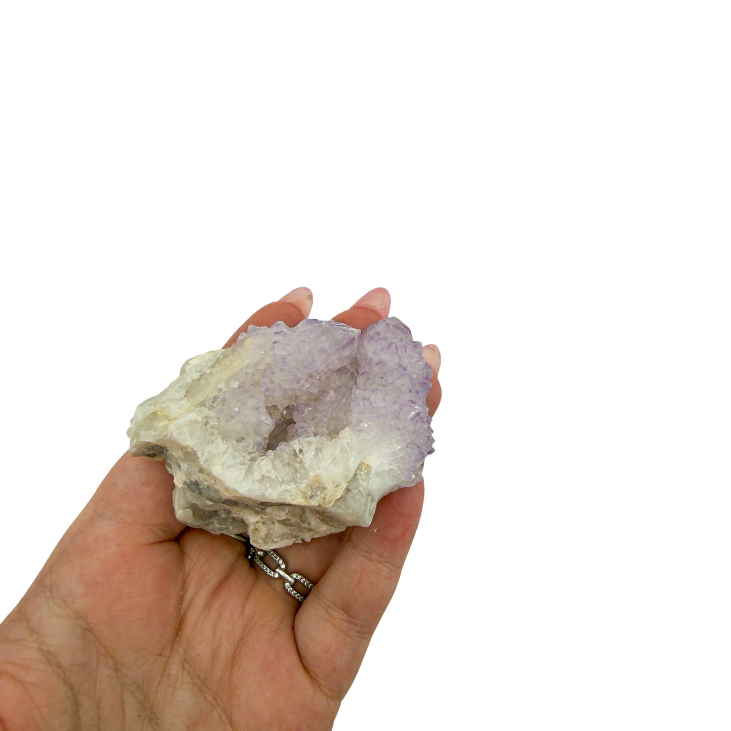 AA-grade cactus spirit quartz specimen from Mpumalanga South Africa, held in an open hand, showing true scale, 2.37 in L x 1.76 in W x 2.12 in H, 0.32 pounds, specimen 10.