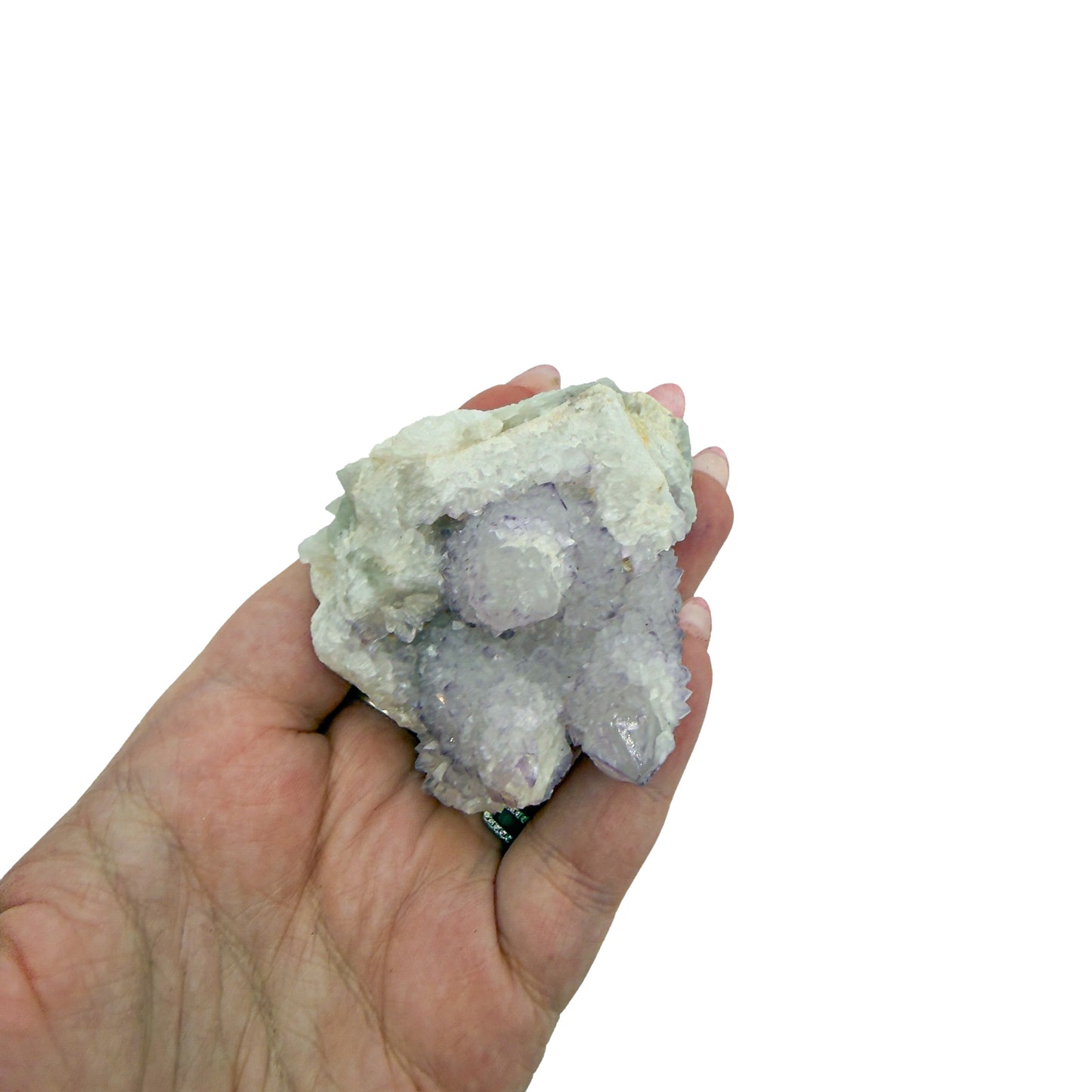 AA-grade cactus spirit quartz specimen from Mpumalanga South Africa, held in an open hand, showing true scale, 2.61 in L x 1.99 in W x 1.75 in H, 0.28 pounds, specimen 11.