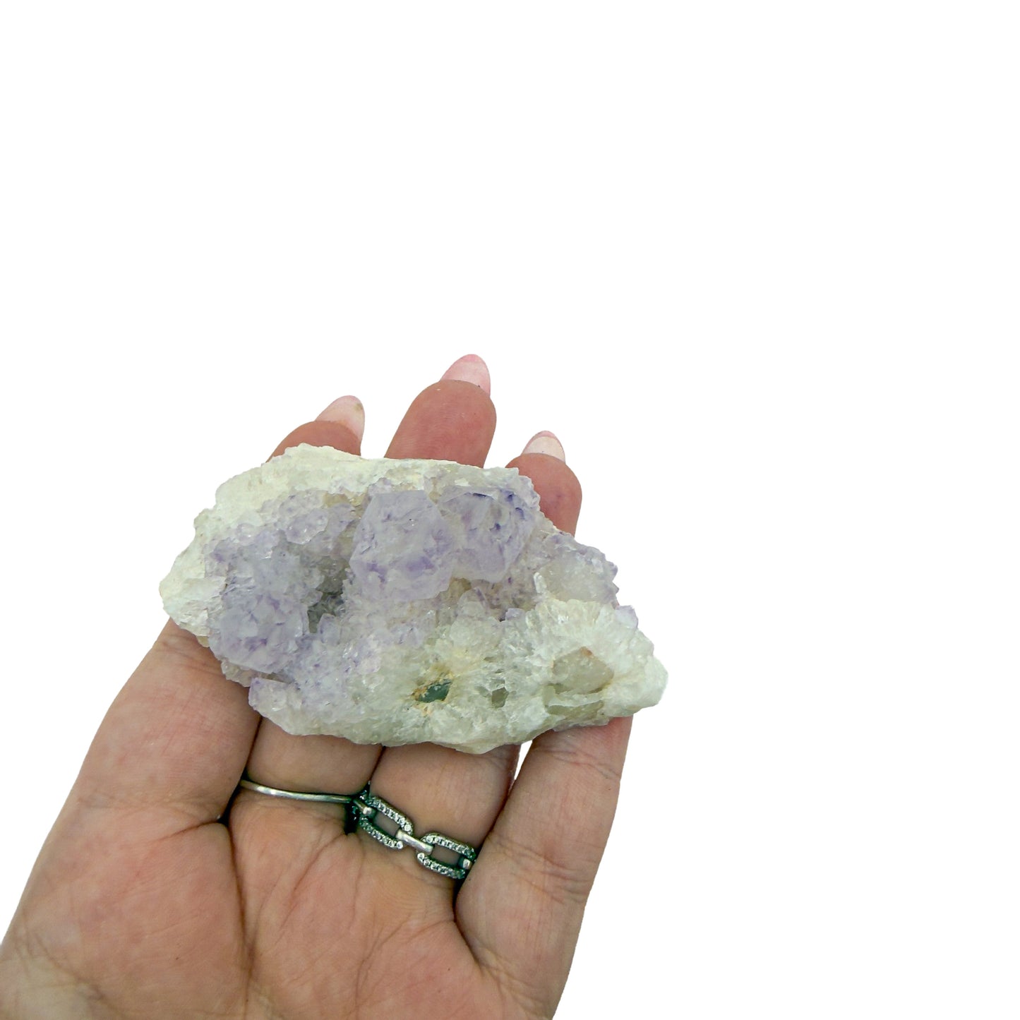 AA-grade cactus spirit quartz specimen from Mpumalanga South Africa, held in an open hand, showing true scale, 2.81 in L x 1.57 in W x 1.25 in H, 0.17 pounds, specimen 12.