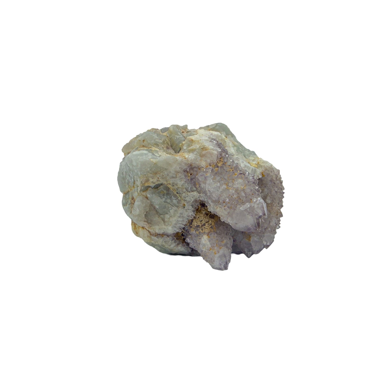 AA-grade cactus spirit quartz specimen from Mpumalanga South Africa, angled three-quarter view showing depth of the crystal coating, 2.04 in L x 1.66 in W x 2.05 in H, 0.23 pounds, specimen 13.