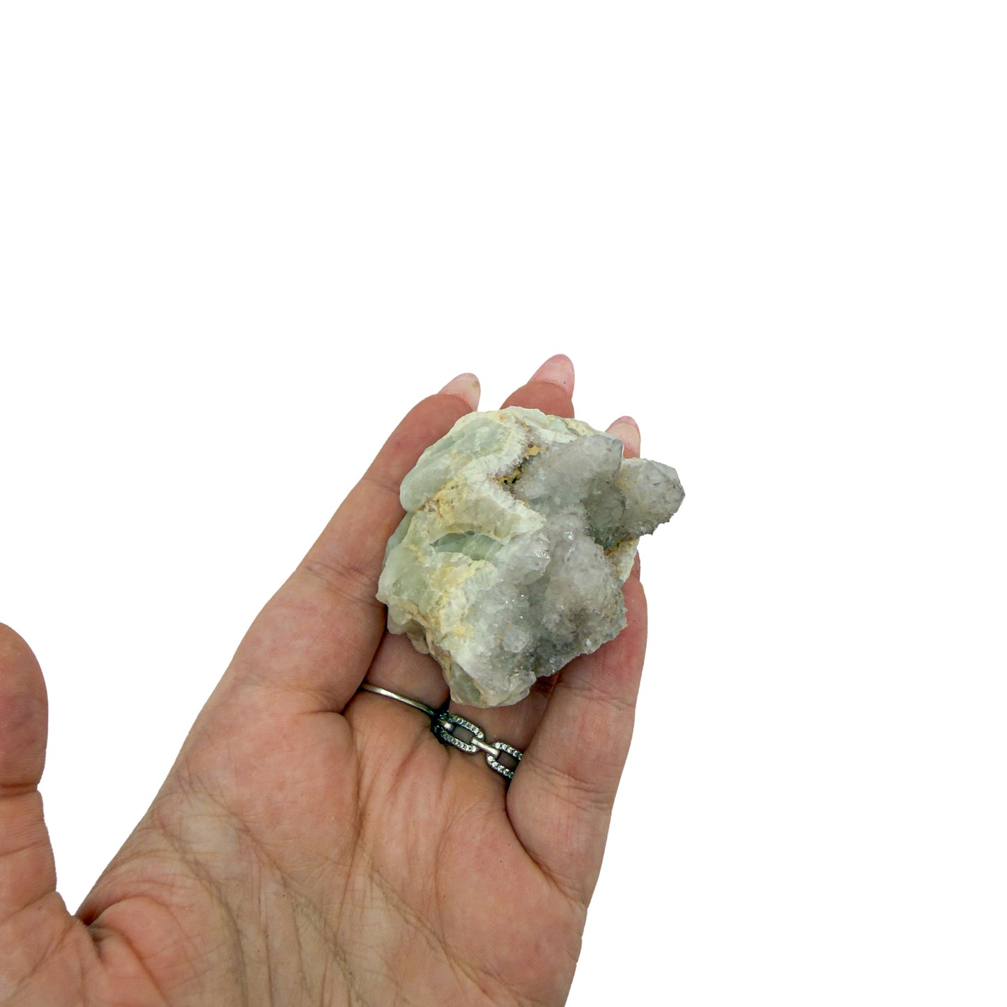 AA-grade cactus spirit quartz specimen from Mpumalanga South Africa, held in an open hand, showing true scale, 2.04 in L x 1.66 in W x 2.05 in H, 0.23 pounds, specimen 13.