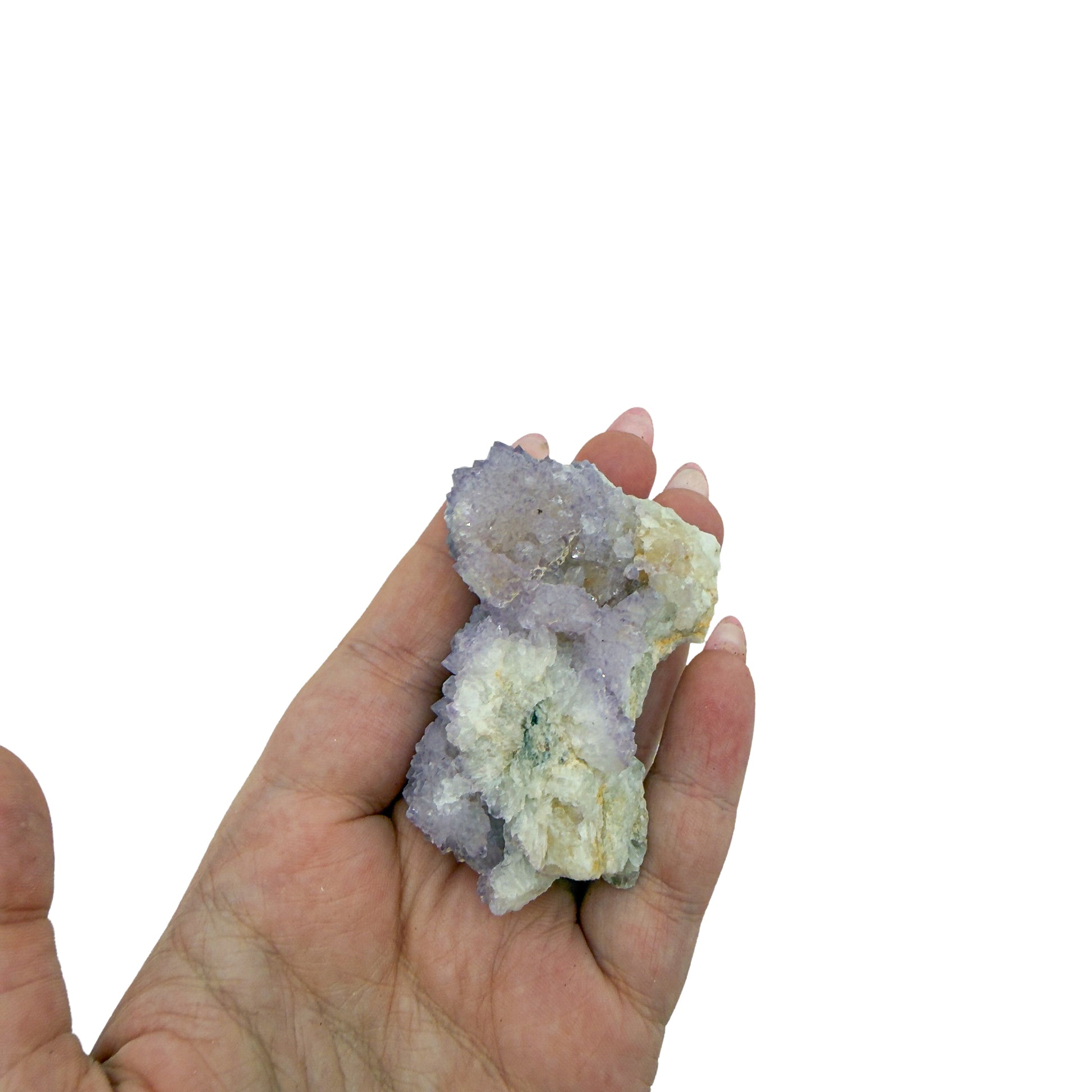 AA-grade cactus spirit quartz specimen from Mpumalanga South Africa, held in an open hand, showing true scale, 2.56 in L x 1.30 in W x 1.57 in H, 0.20 pounds, specimen 14.