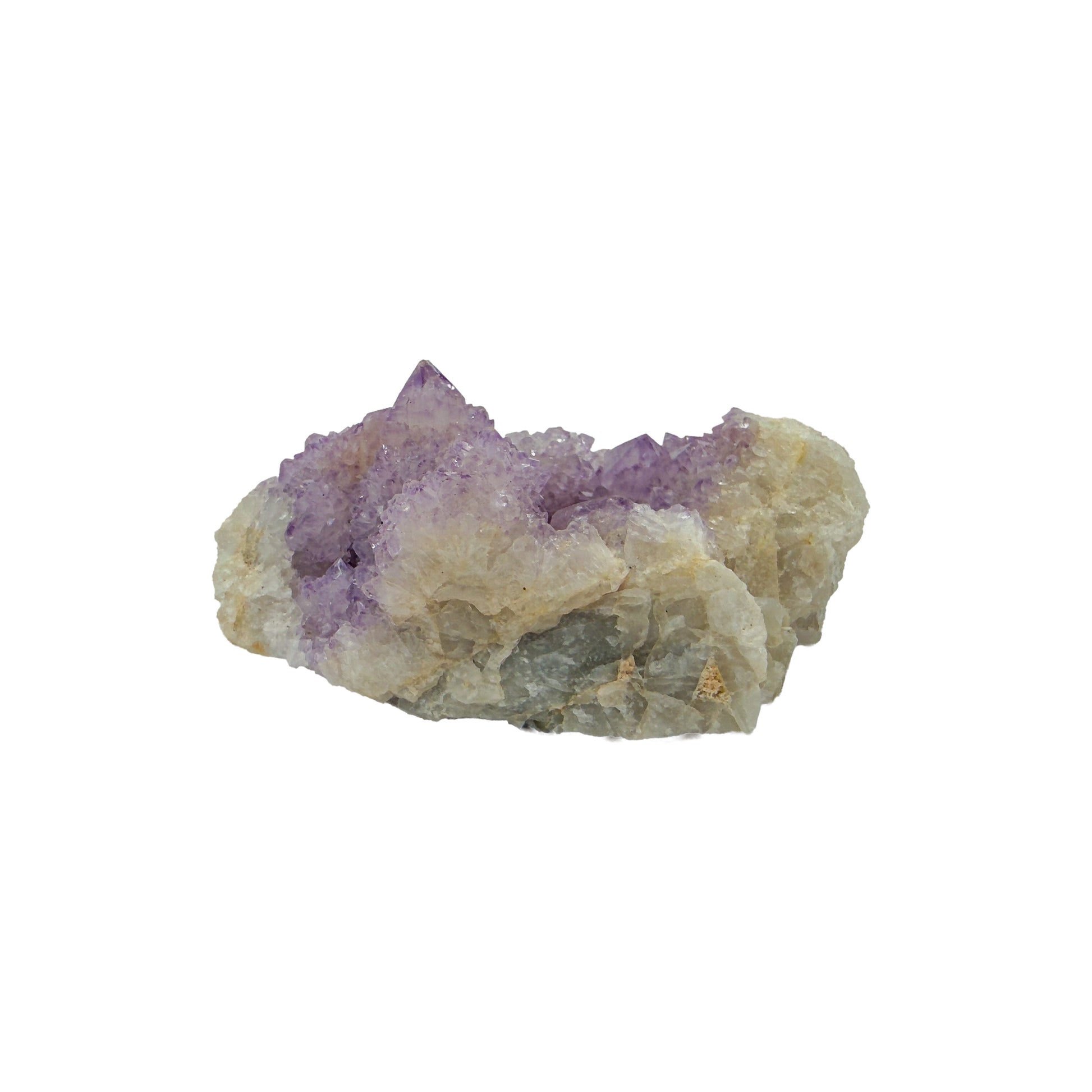 AA-grade cactus spirit quartz specimen from Mpumalanga South Africa, right profile, lavender and clear terminations across the body, 2.89 in L x 1.86 in W x 1.27 in H, 0.23 pounds, specimen 16.