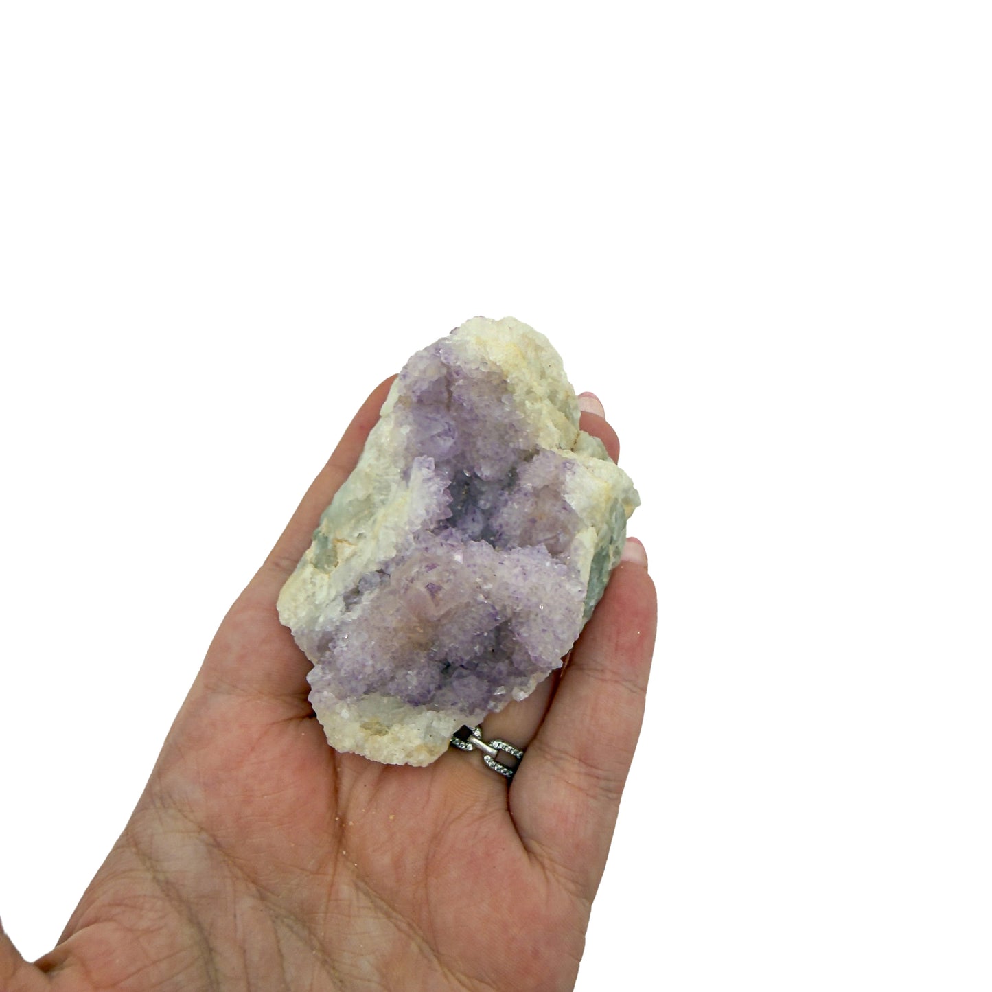 AA-grade cactus spirit quartz specimen from Mpumalanga South Africa, held in an open hand, showing true scale, 2.89 in L x 1.86 in W x 1.27 in H, 0.23 pounds, specimen 16.