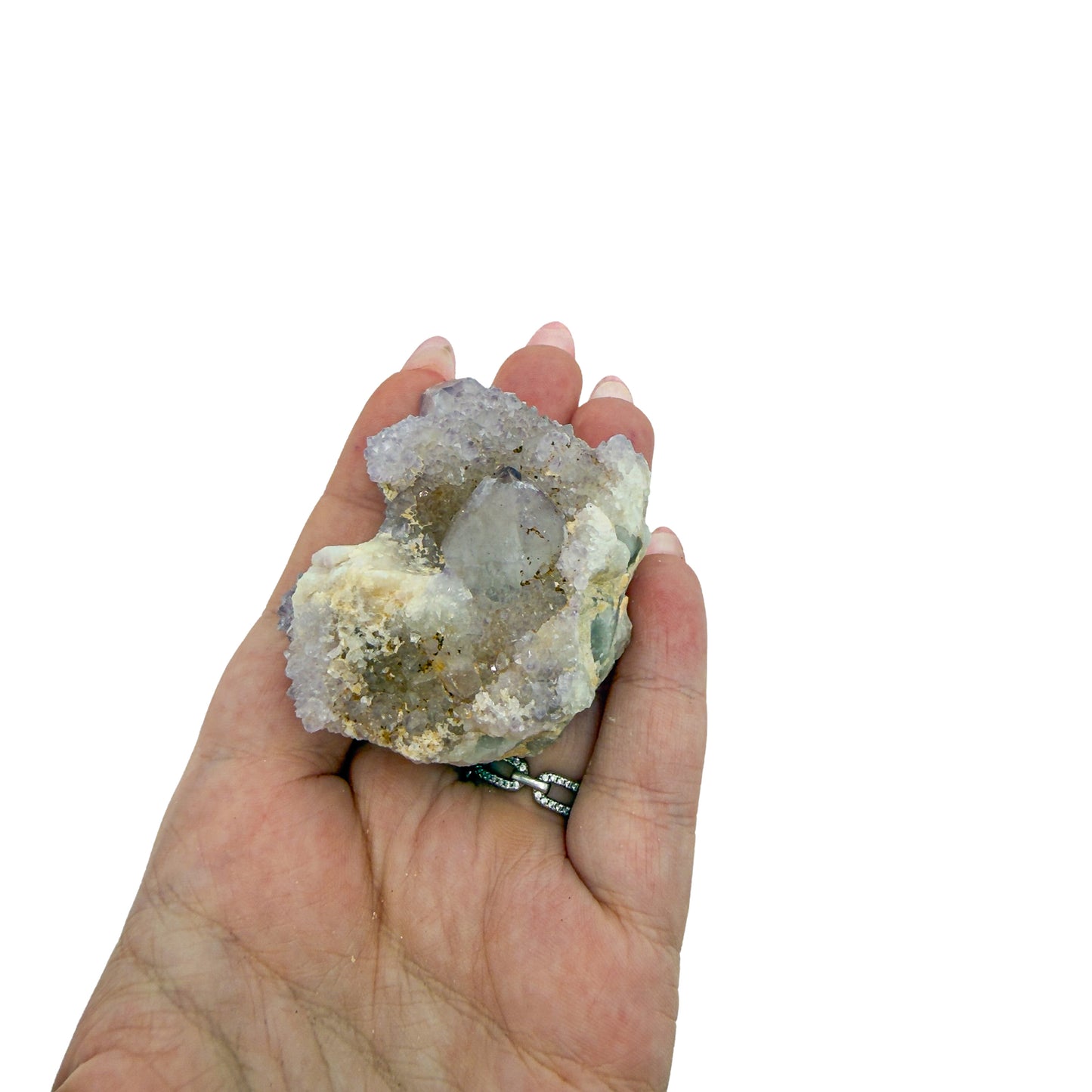 AA-grade cactus spirit quartz specimen from Mpumalanga South Africa, held in an open hand, showing true scale, 2.24 in L x 1.94 in W x 1.28 in H, 0.20 pounds, specimen 17.