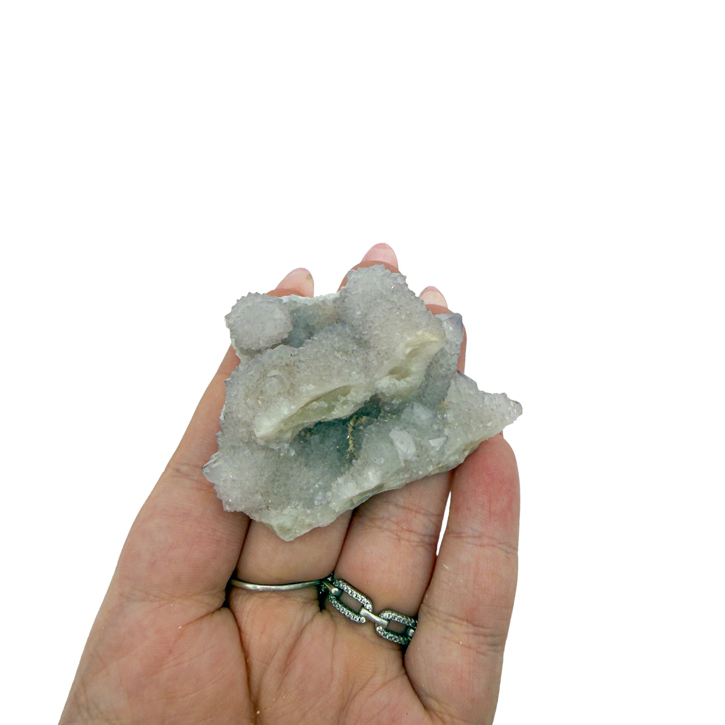 AA-grade cactus spirit quartz specimen from Mpumalanga South Africa, held in an open hand, showing true scale, 2.25 in L x 1.61 in W x 1.32 in H, 0.13 pounds, specimen 18.