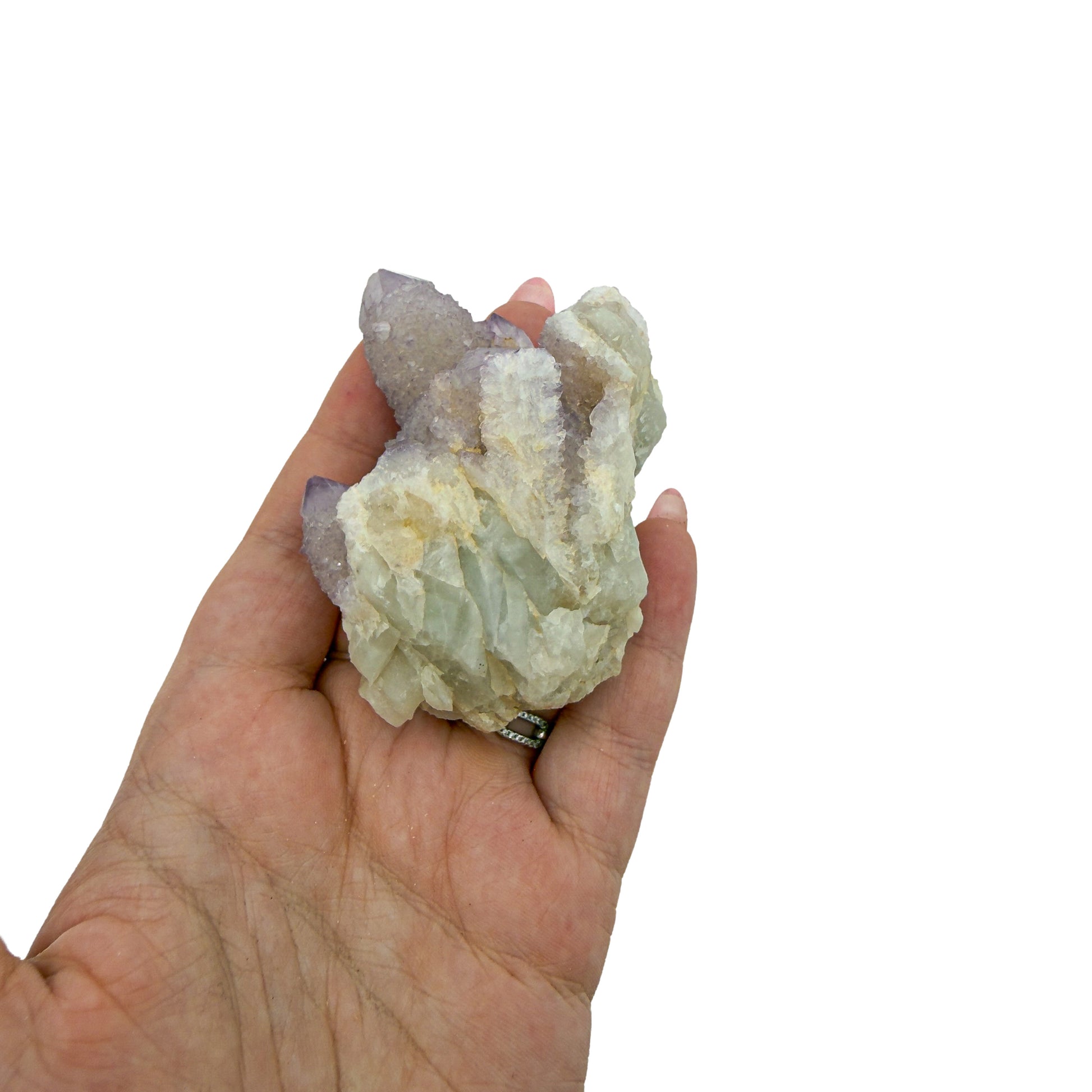 AA-grade cactus spirit quartz specimen from Mpumalanga South Africa, held in an open hand, showing true scale, 2.50 in L x 1.31 in W x 2.12 in H, 0.29 pounds, specimen 19.