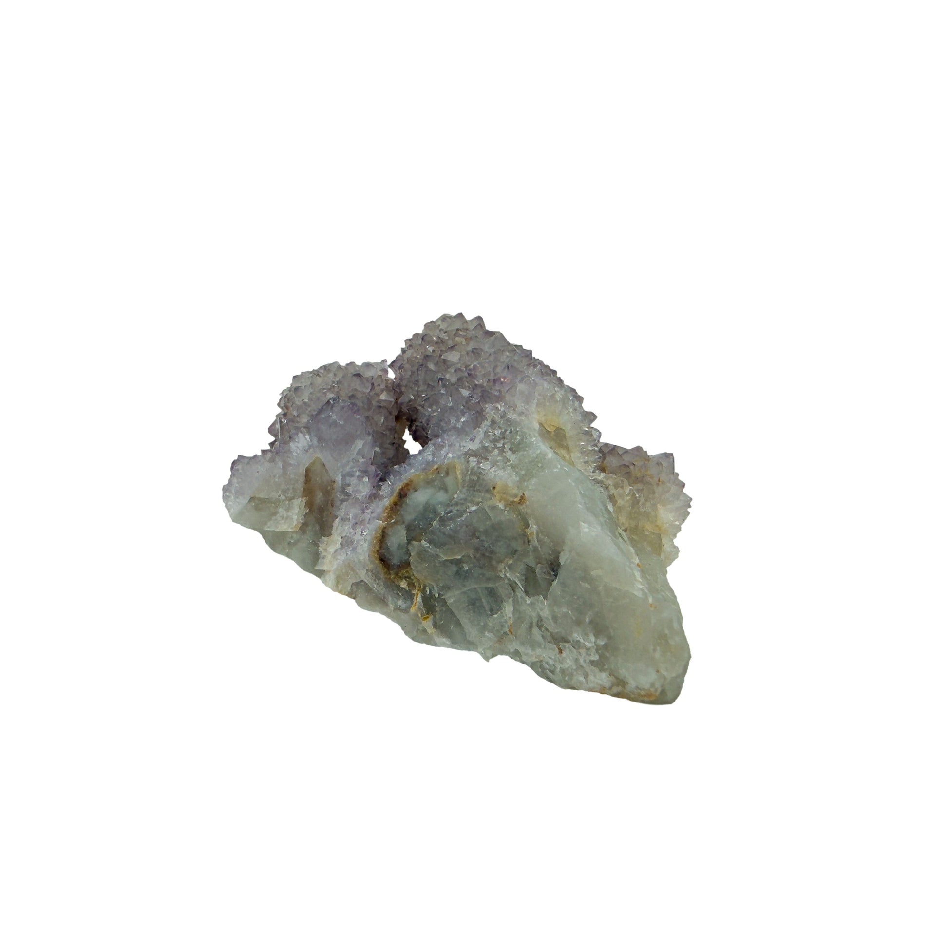AA-grade cactus spirit quartz specimen from Mpumalanga South Africa, right profile, lavender and clear terminations across the body, 2.09 in L x 1 in W x 2.14 in H, 0.14 pounds, specimen 1.
